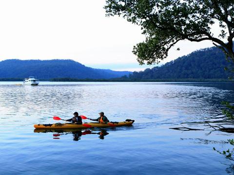 Hawkesbury River scene of 2 kayakers in a double kayak, with a river boat in the distance.  Photo: