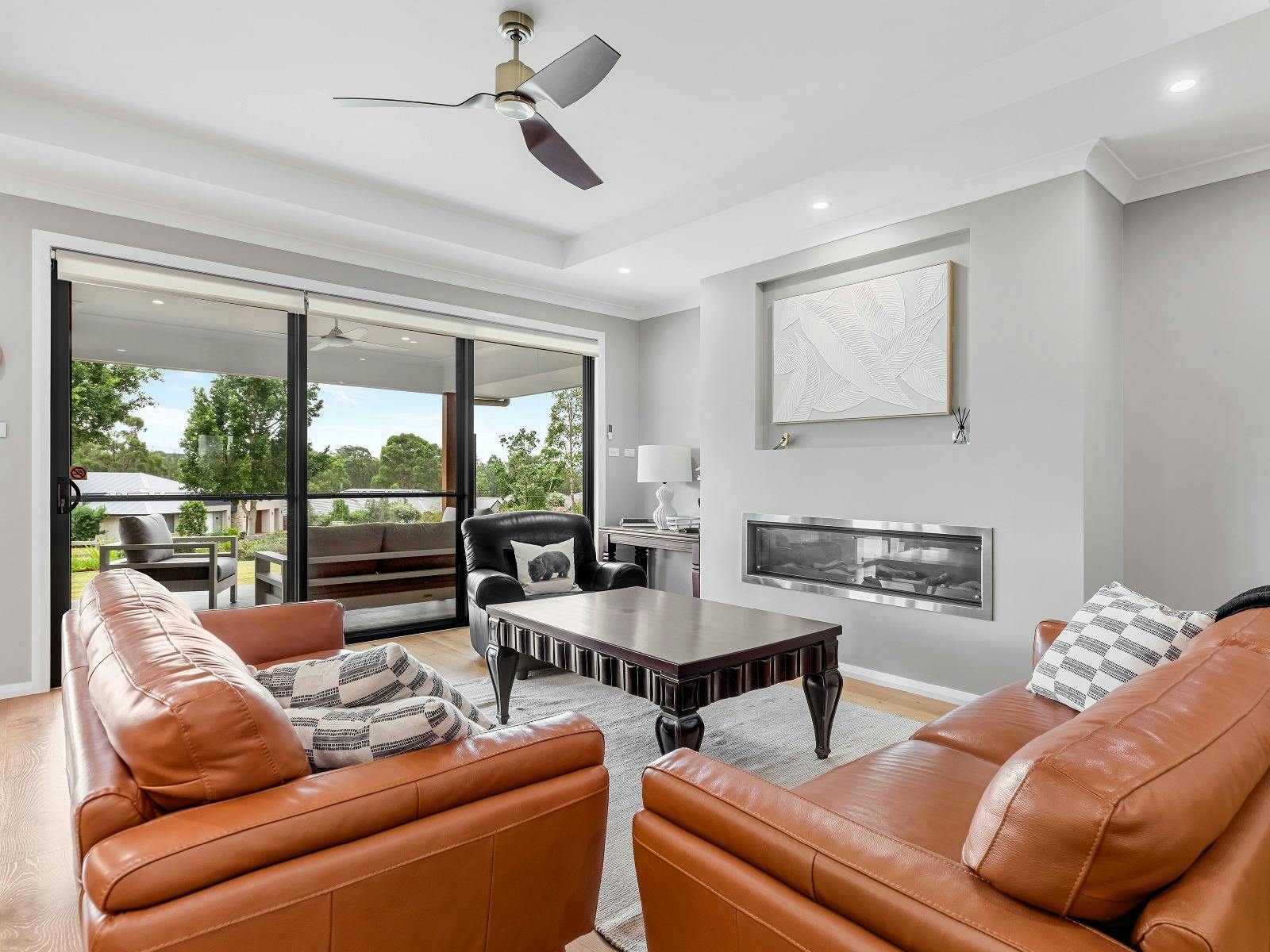 Wombat Lodge lounge room with fireplace