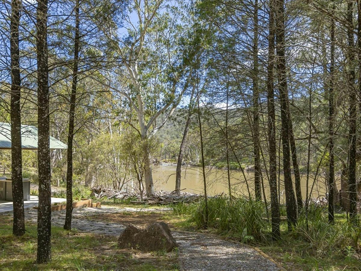 Covered barbecue area amongst the trees, overlooking the river, Warrabah National Park. Photo: