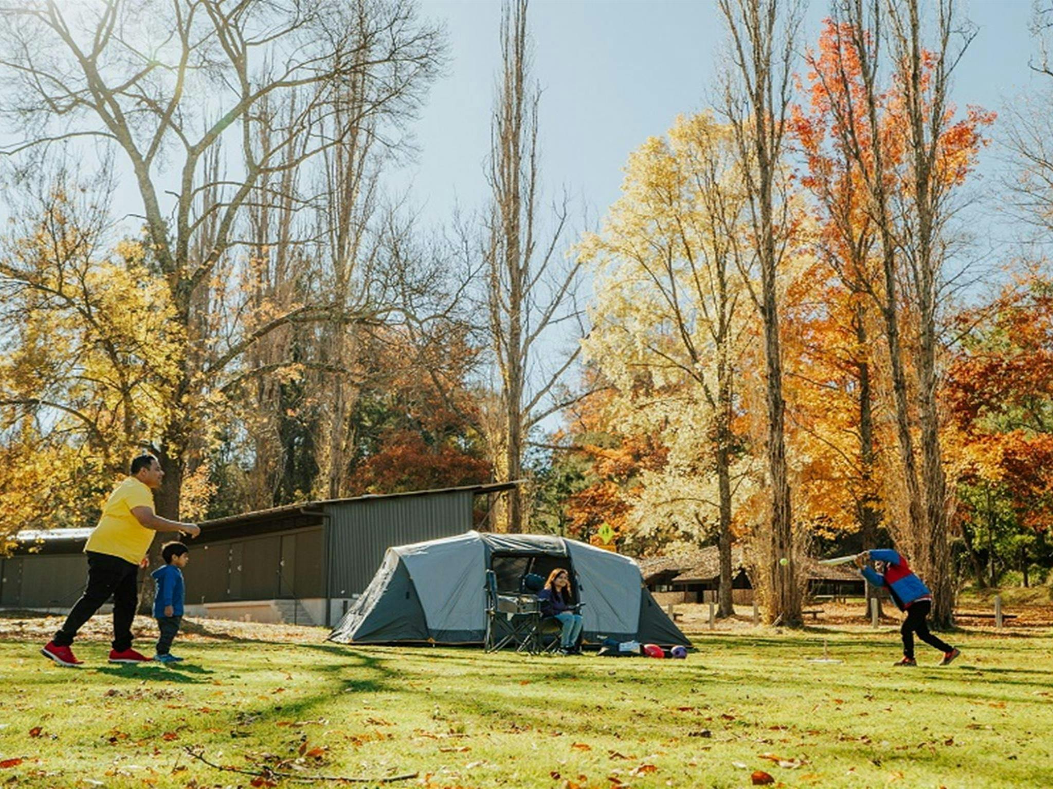 A father plays cricket with his 2 young sons in front of their tent at Wombeyan Caves campground.