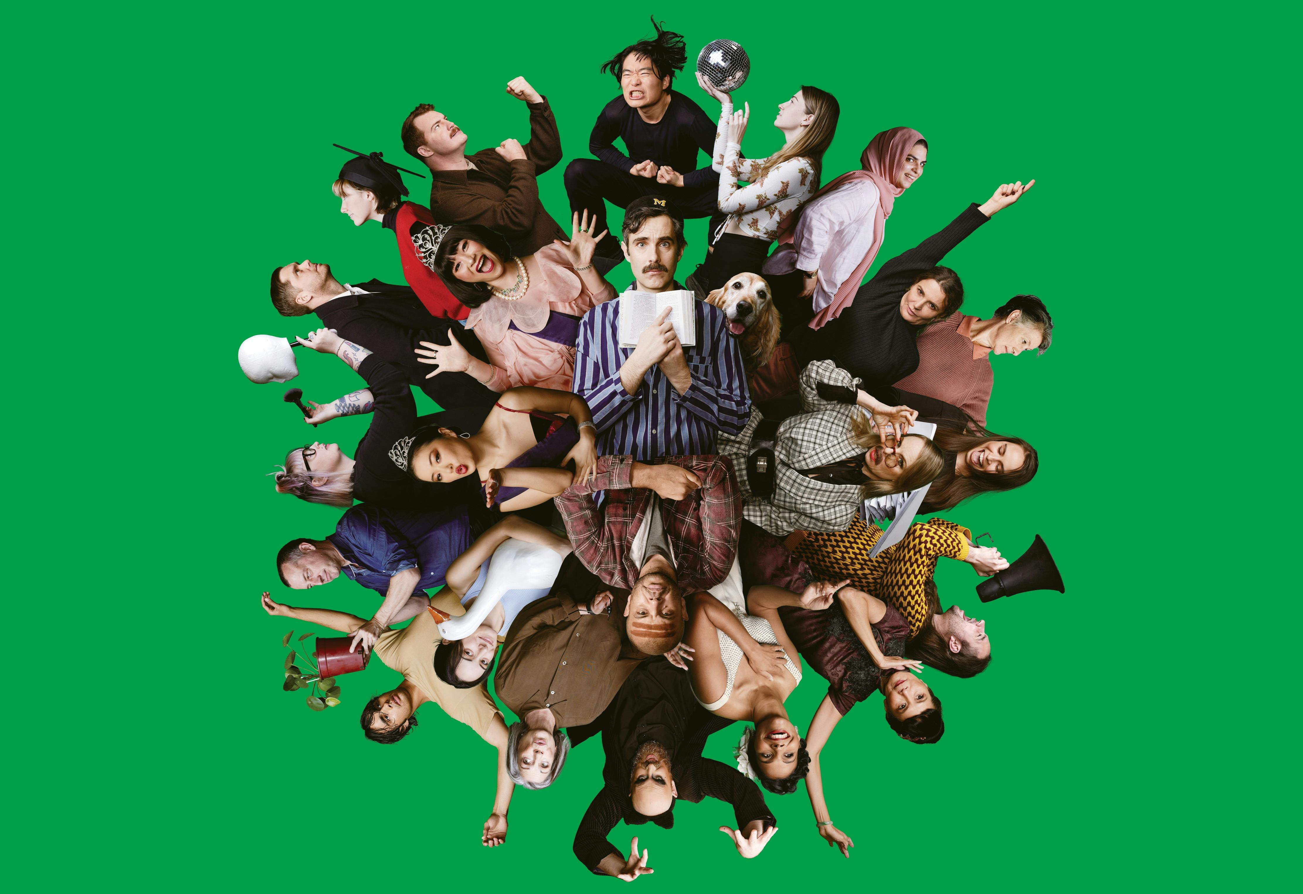 A spiral of different characters in the 2023 season productions on a green background