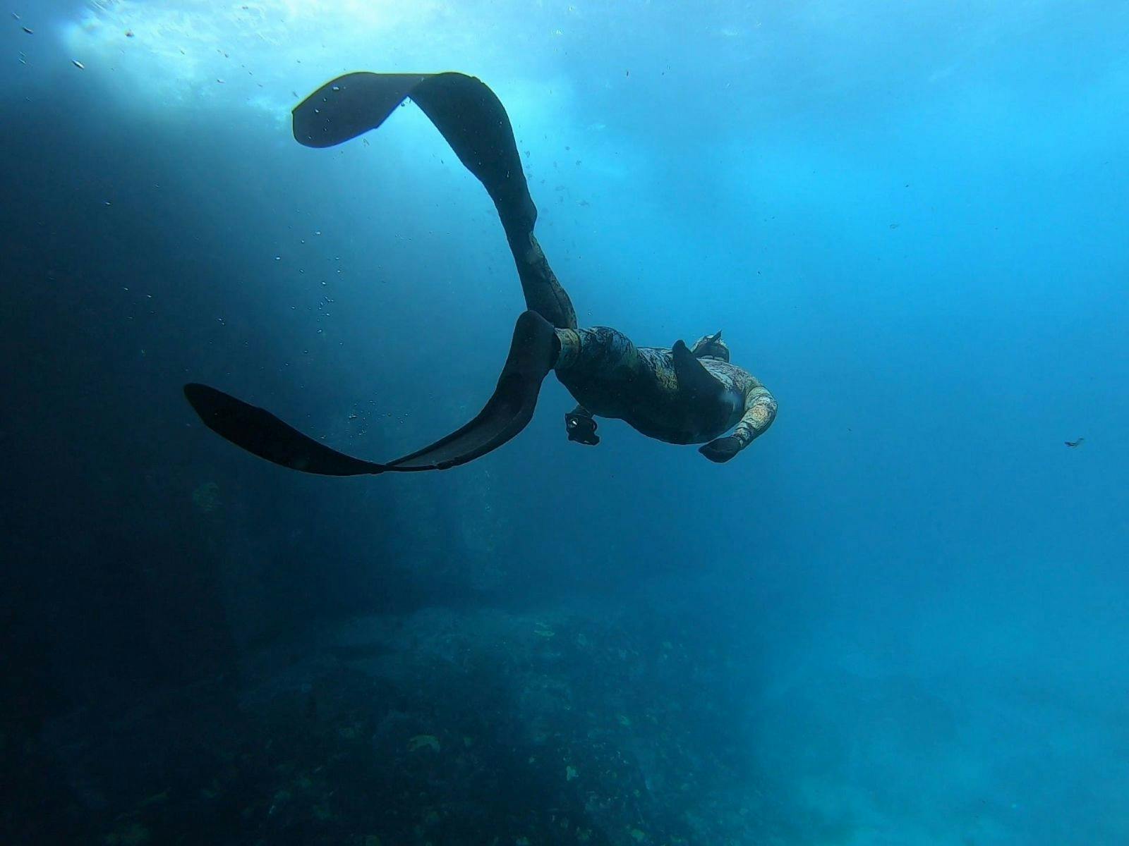 Freediver in the water with flippers on
