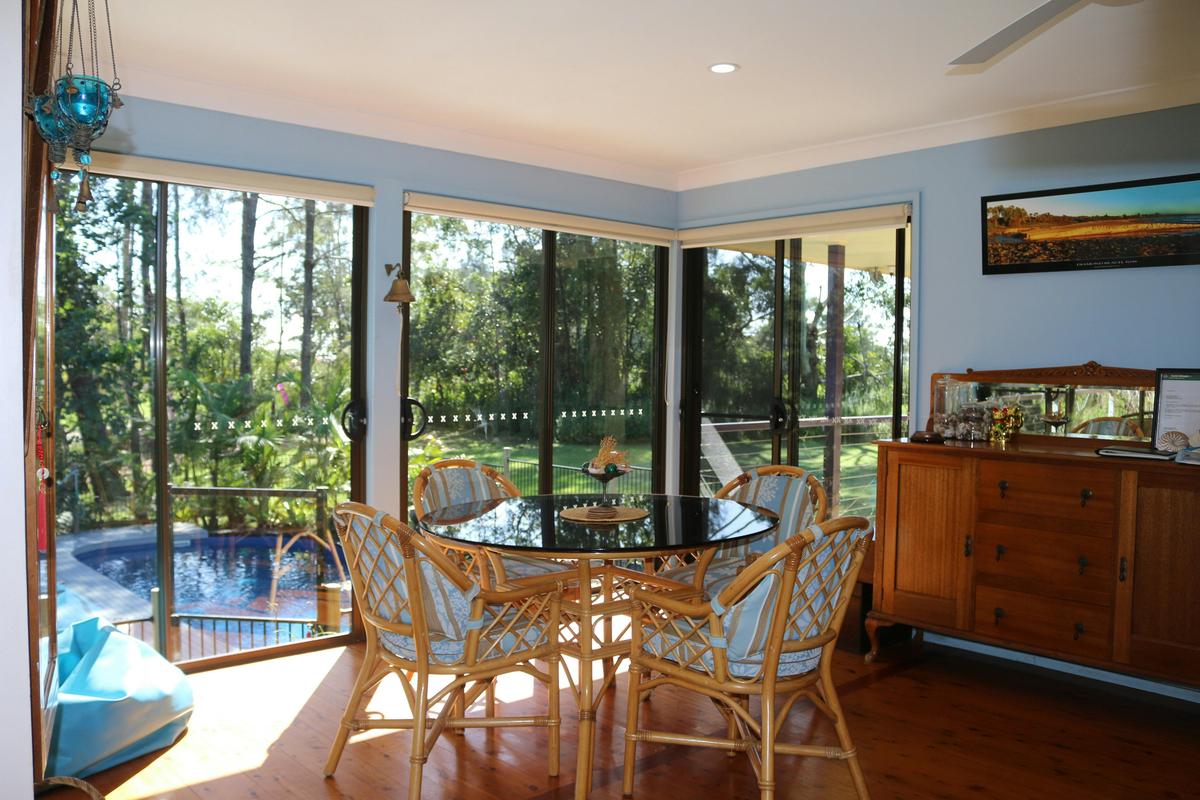 Interesting interiors overlook the private pool