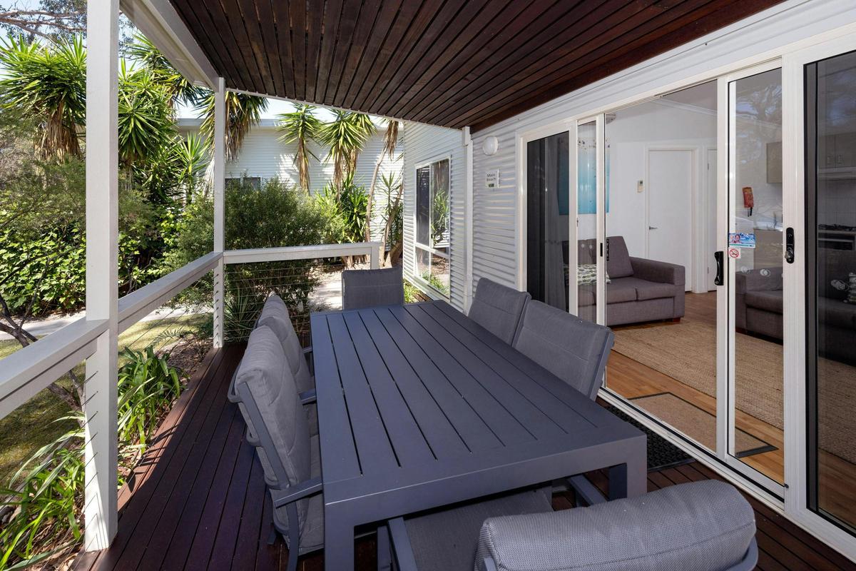 The deck is great for dining and relaxing on