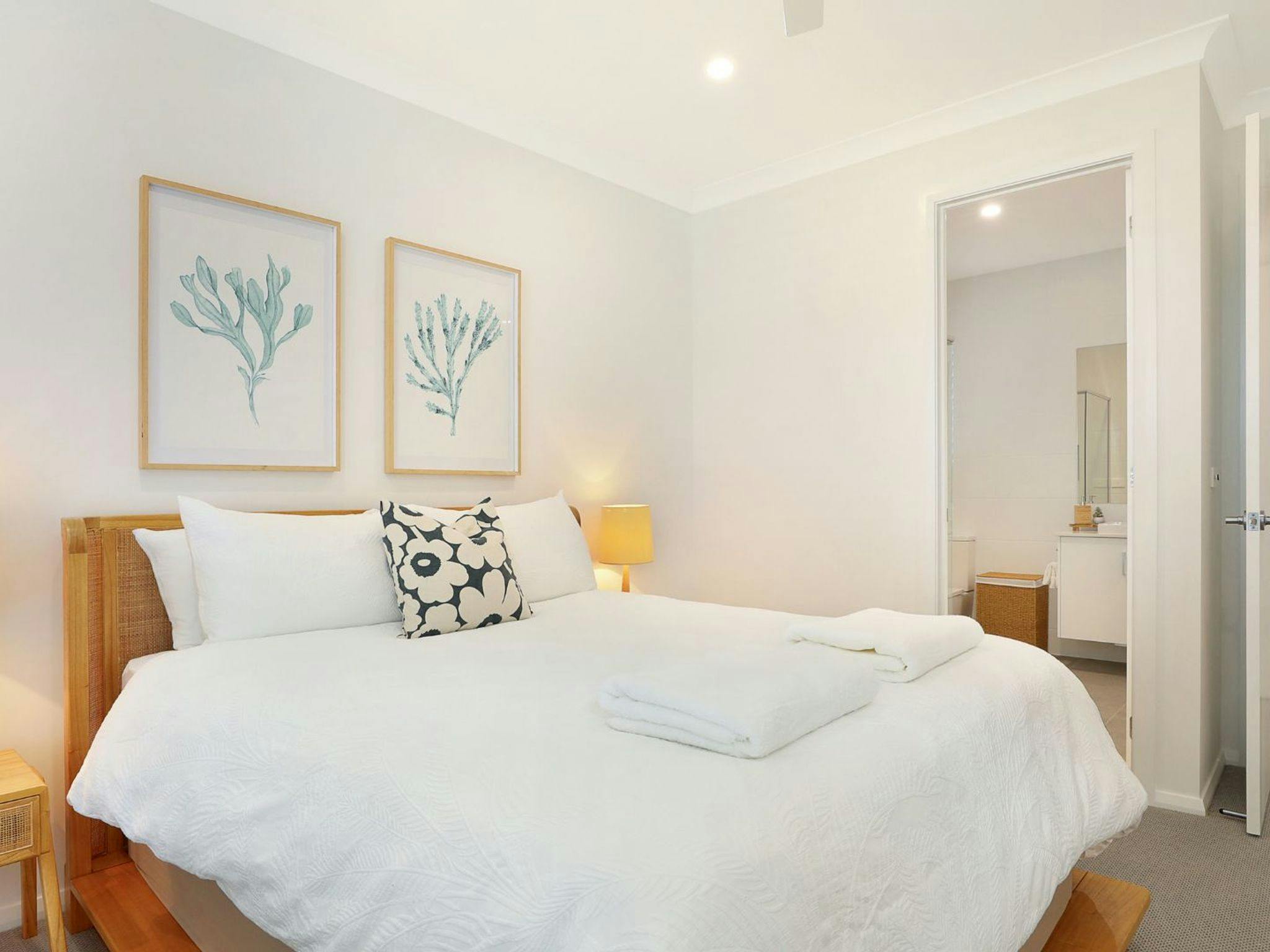 Hamptons Hideaway | Bedroom 1 | Queen | Ensuite bathroom | Linen included | Travel cot (BYO linen)