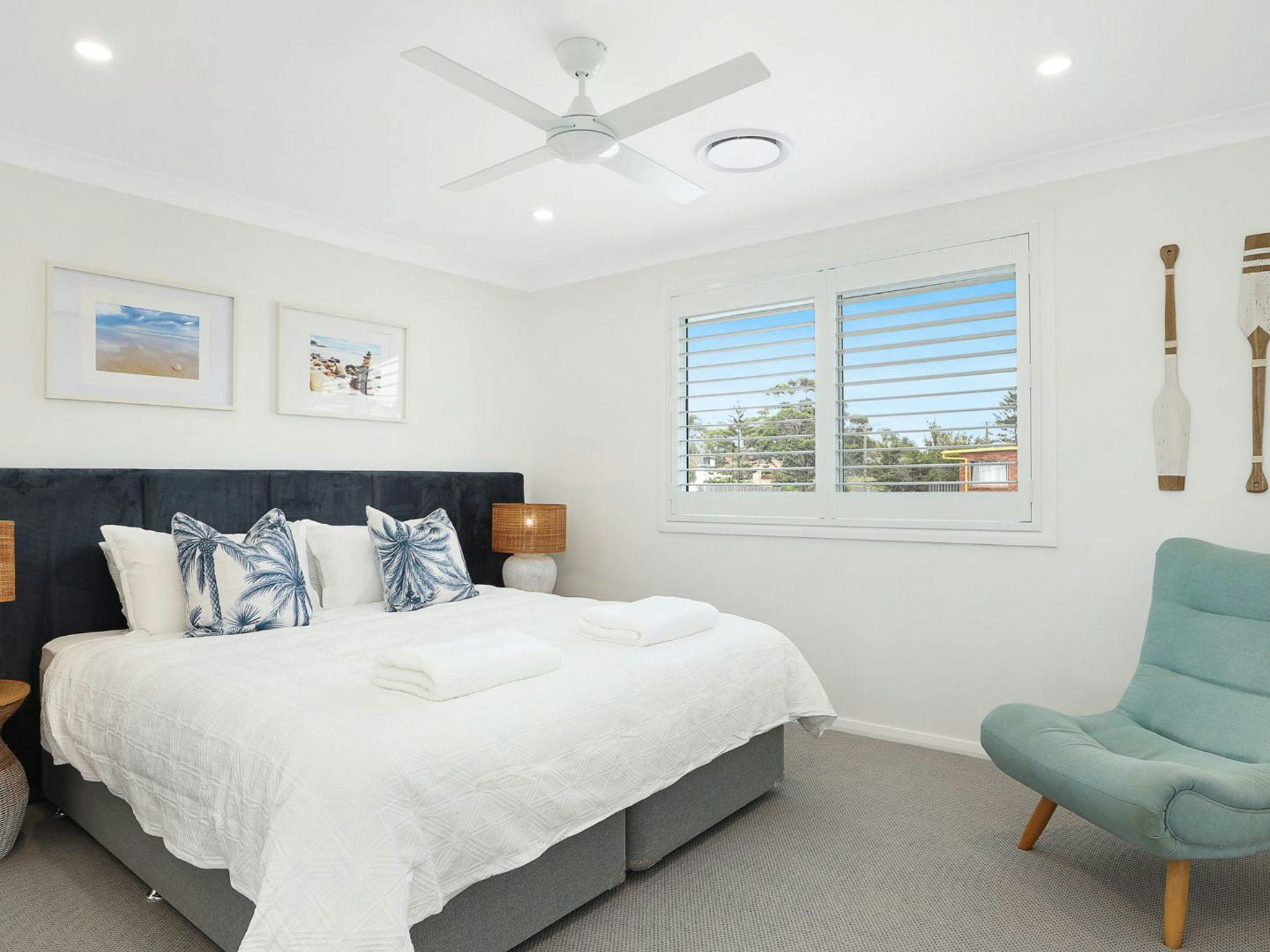 Hamptons Hideaway | Bedroom 2 | King | Can be made as 2 singles | Air conditioning | Ceiling fan