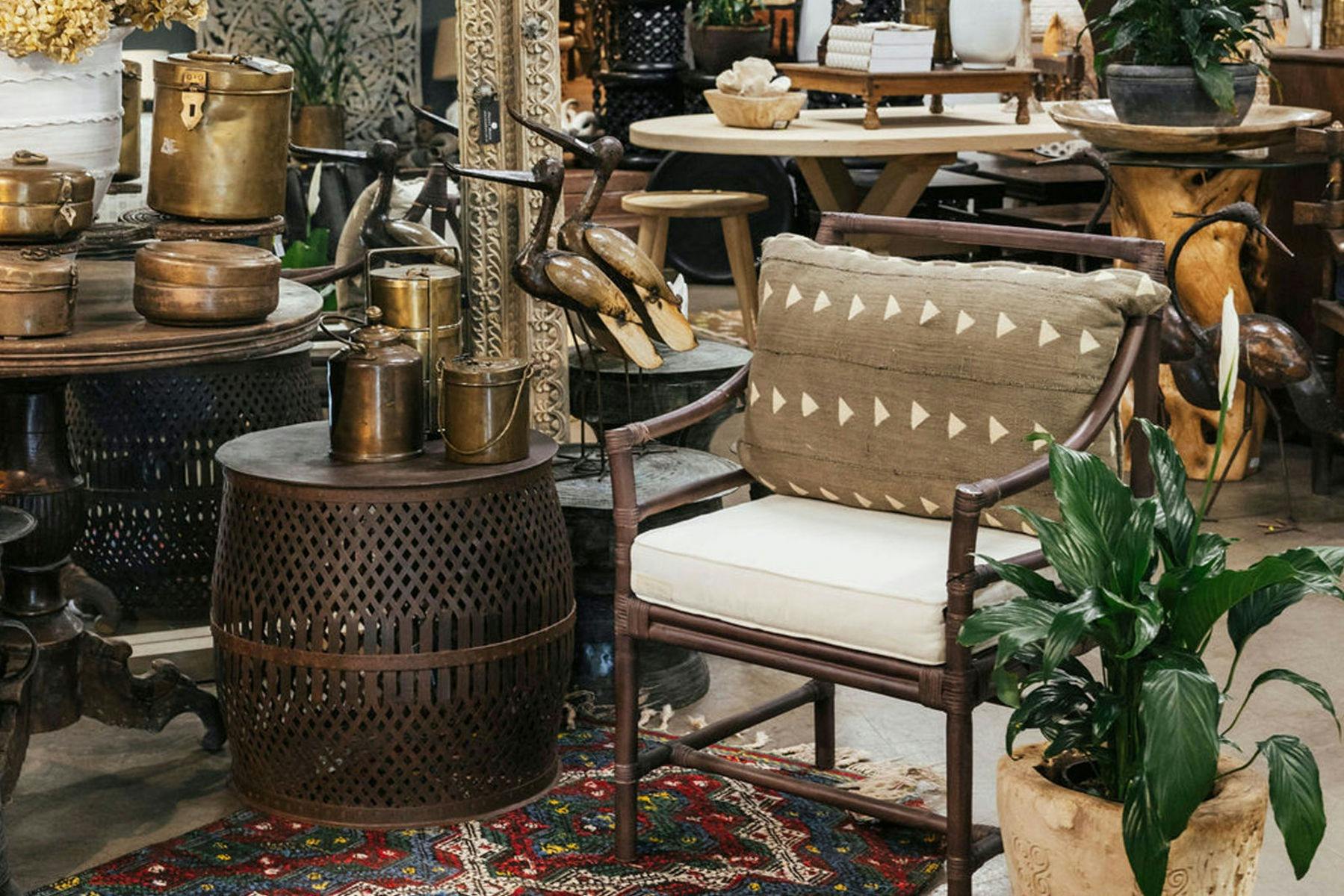 Indian Jali Side Table, African Mud Cloth Cushion, Brass Indian Tiffin and Lunch Boxes