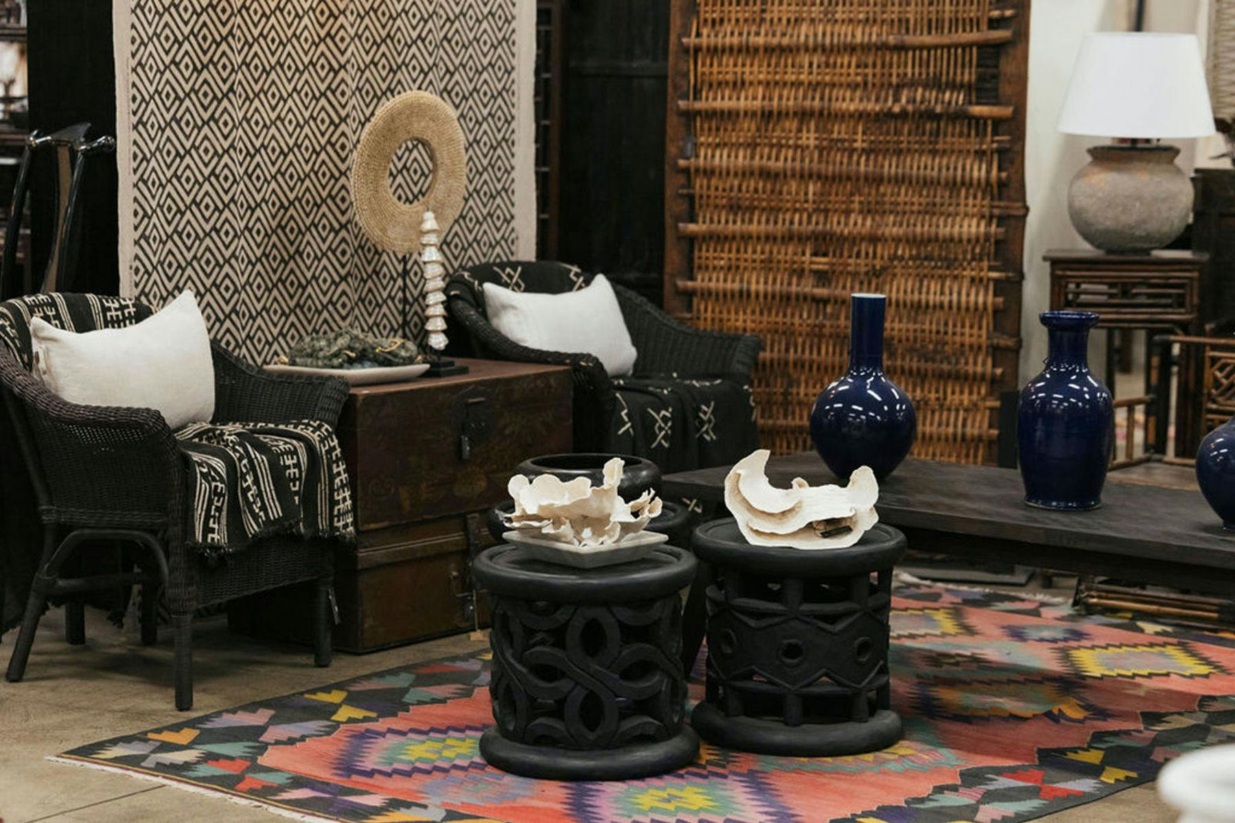 African Cameroon Stools, Antique Chinese Chests,  Balinese Cowrie Shell Necklaces