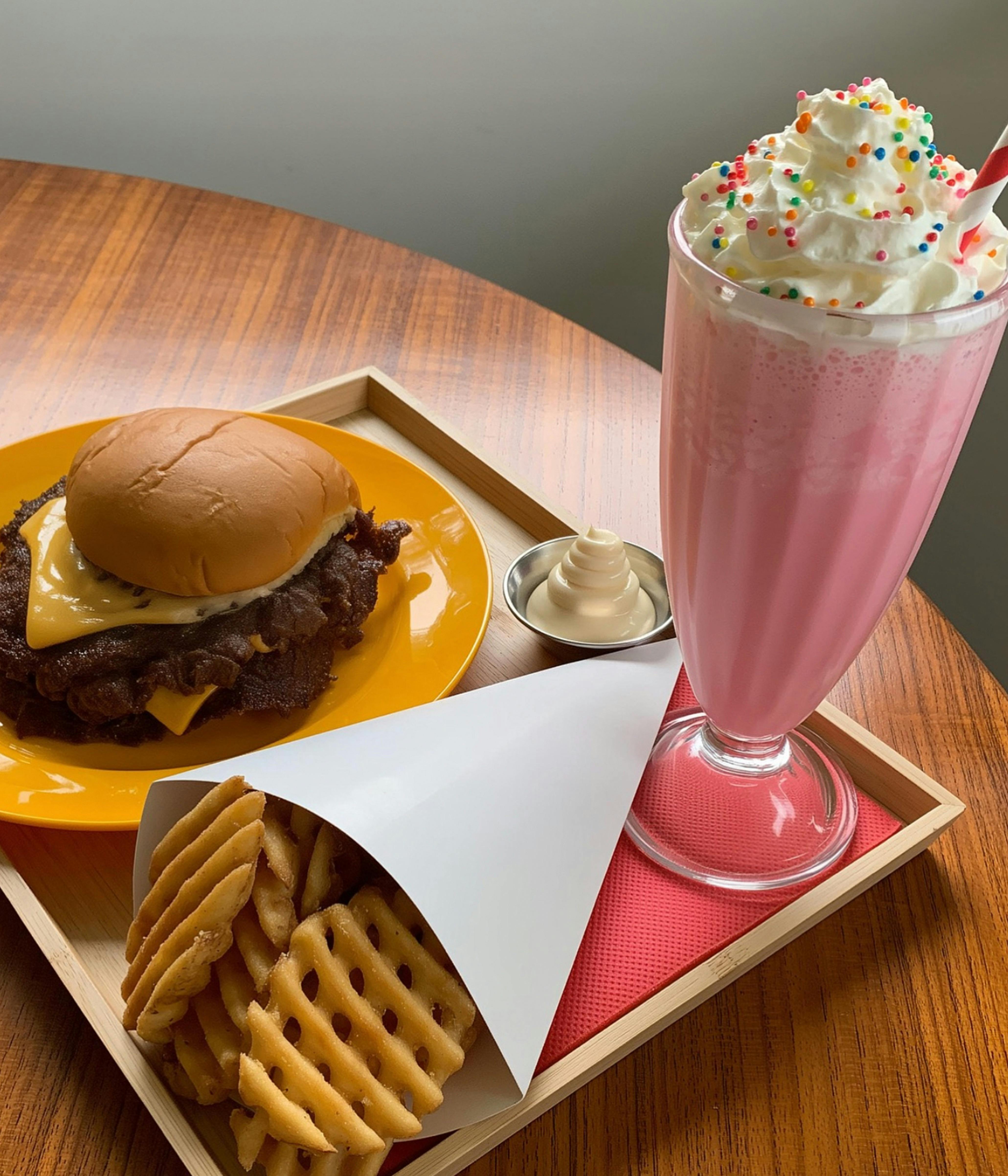 Burger, fries and milkshake on a tray