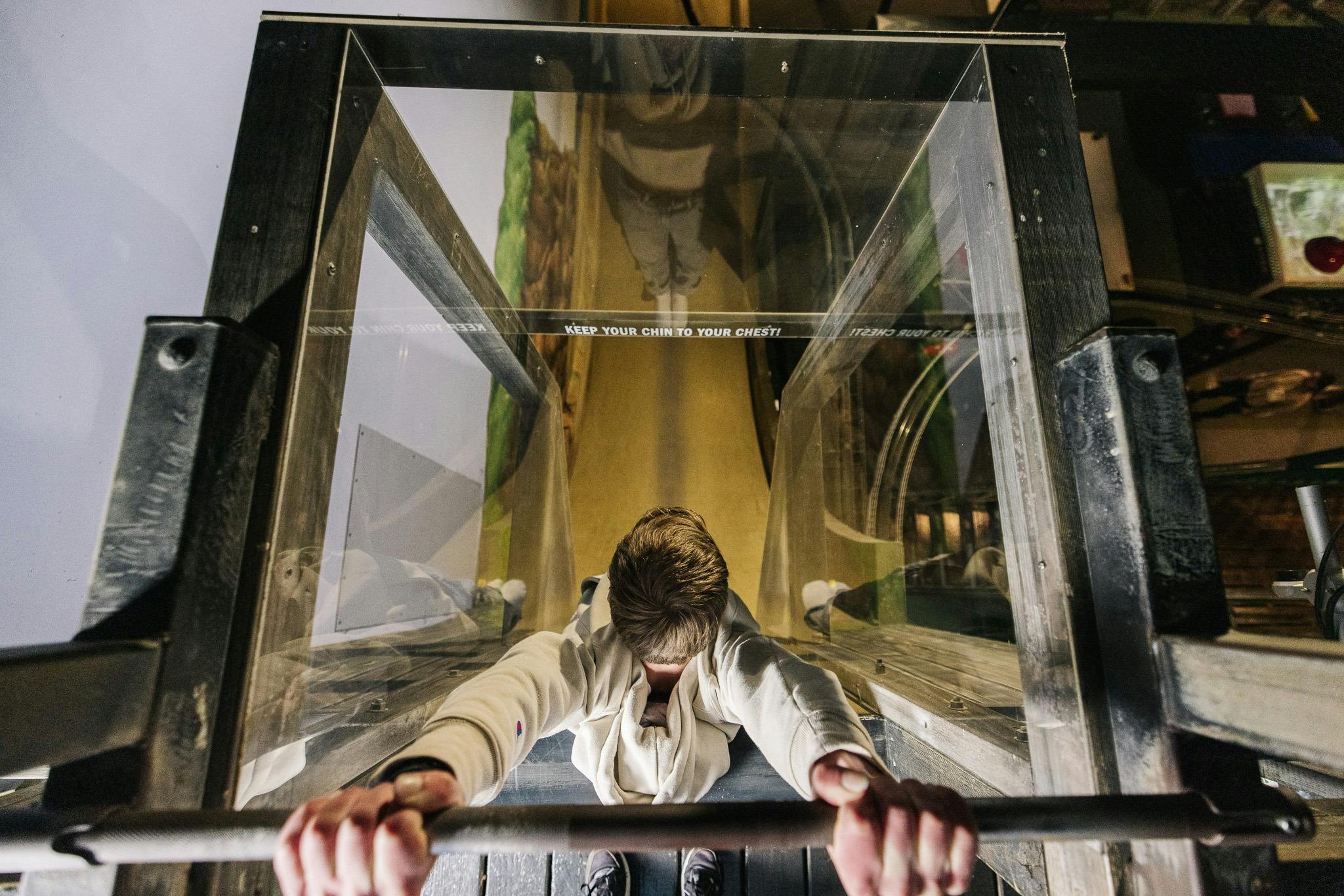 Guest about to drop over 7 metres on the Look Out Slide at A Maze'N Things