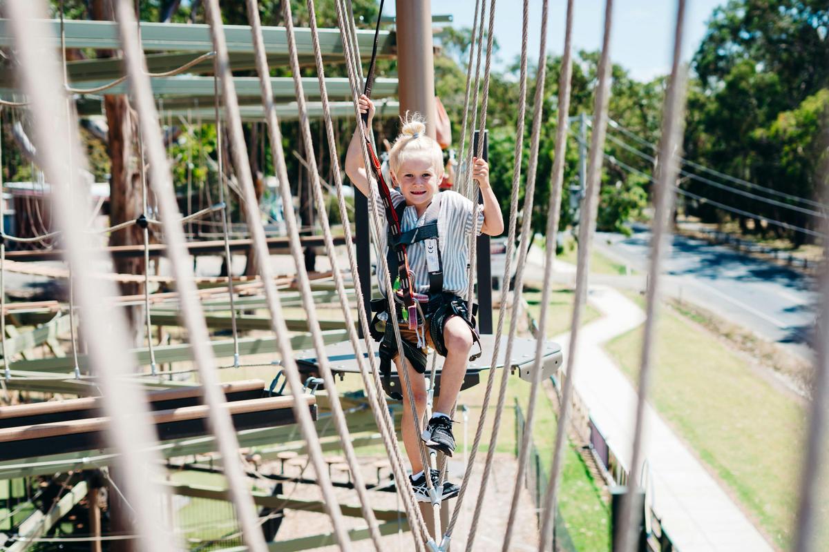 Child climbing on the adventure high ropes course at A Maze'N Things