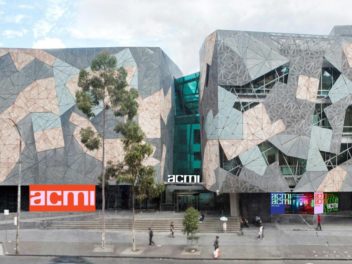 A view of ACMI's exterior viewed from across Flinders Street