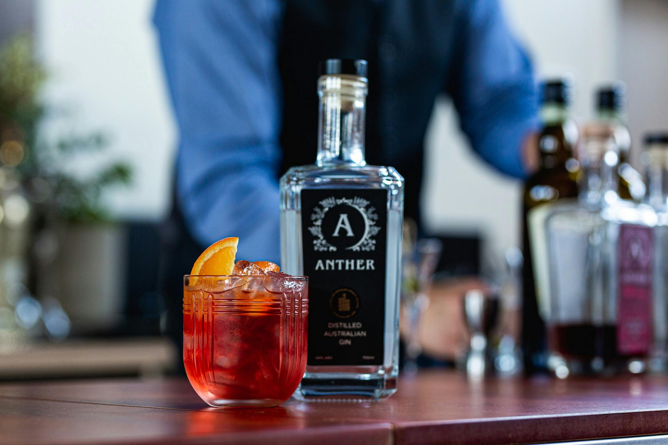 Anther Gin Negroni on the Anther Distillery Bar - enjoy champion awarded Australian spirits.