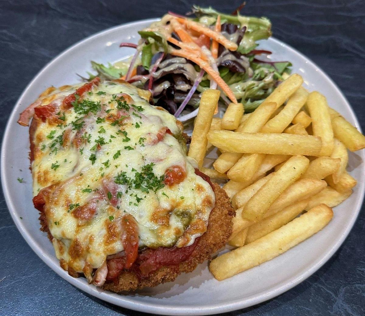 Chicken Parma, Chips & Salad