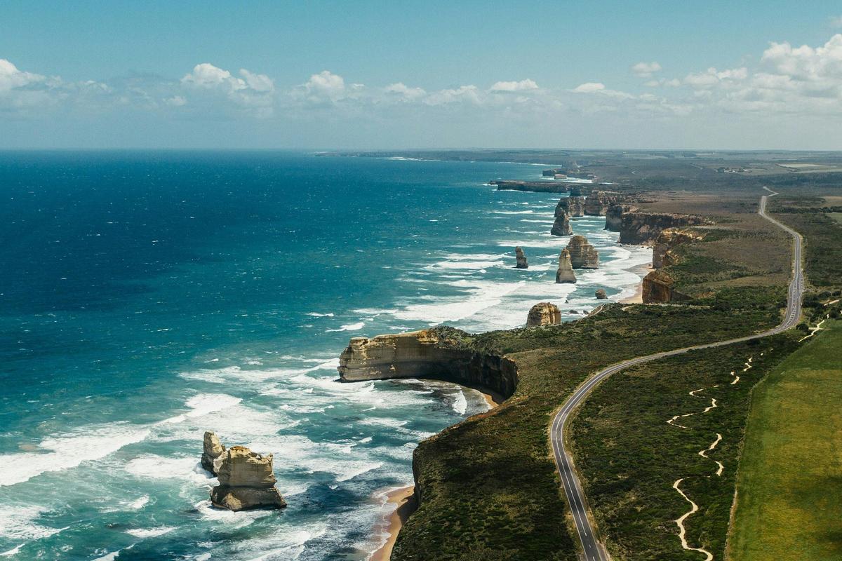 Aerial photograph of the Great Ocean Road and 12 Apostles