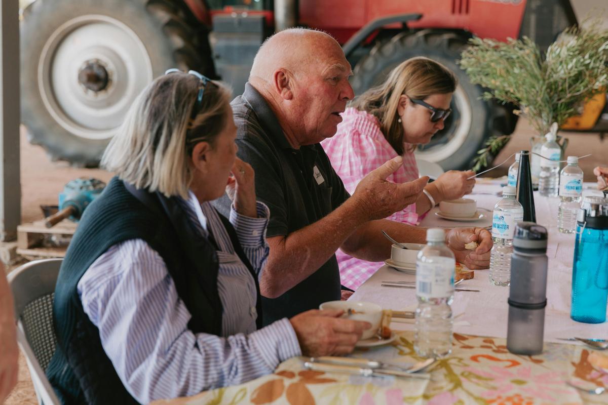 Enjoying lunch with Mallee farmers
