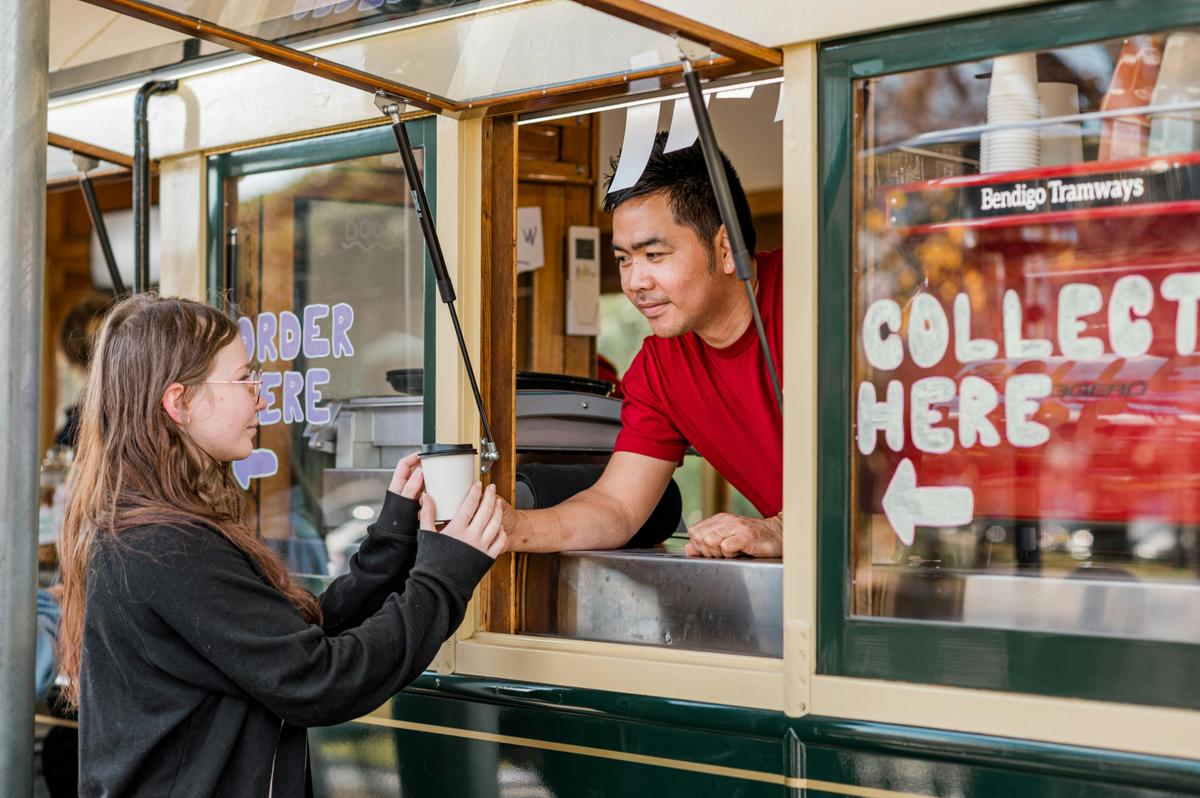 Serving coffee from the Tram