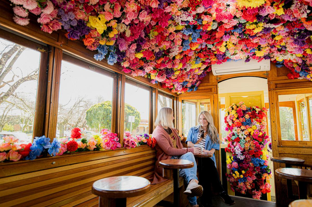 Sitting inside the Tram Cafe