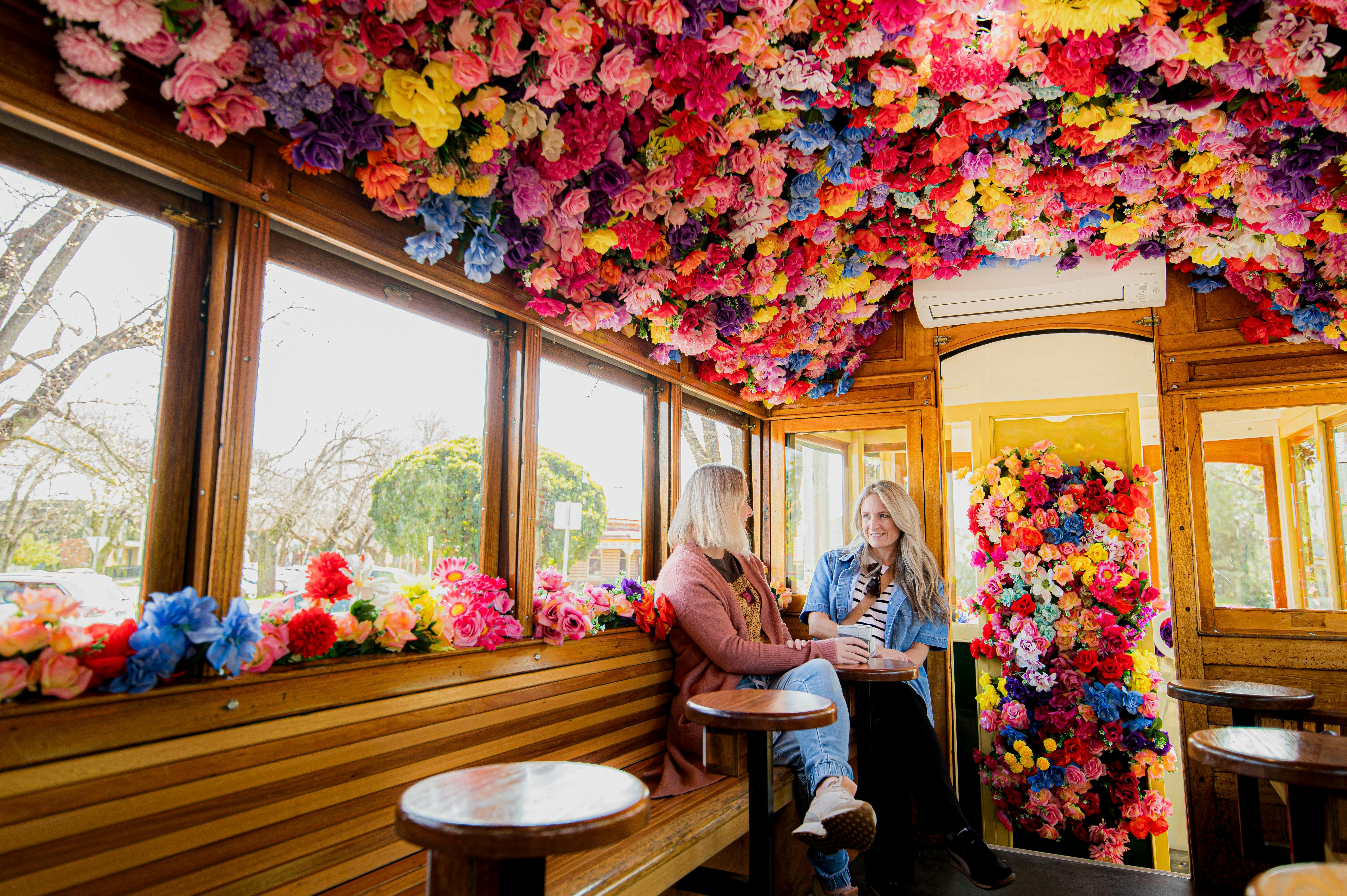 Sitting inside the Tram Cafe