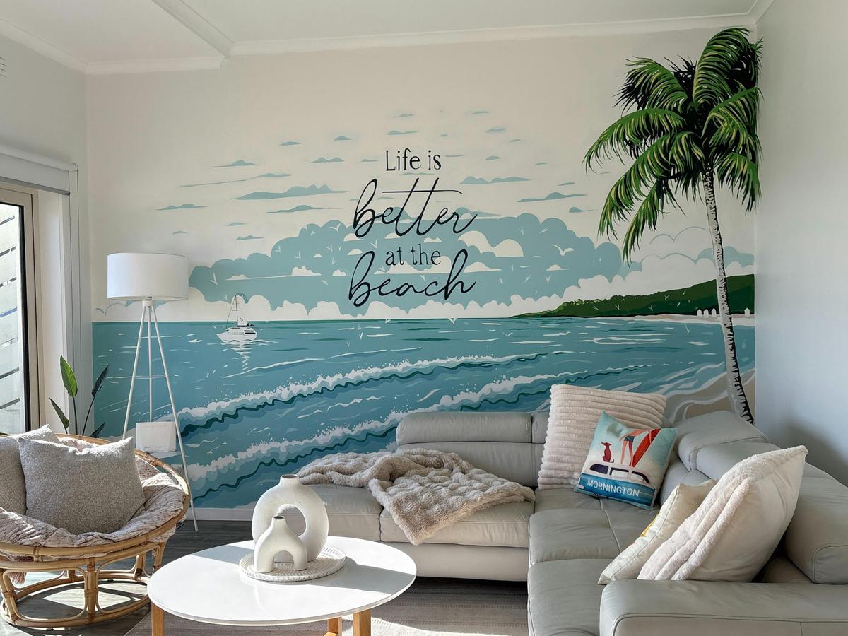 Living room featuring a hand painted mural by an amazing local artist