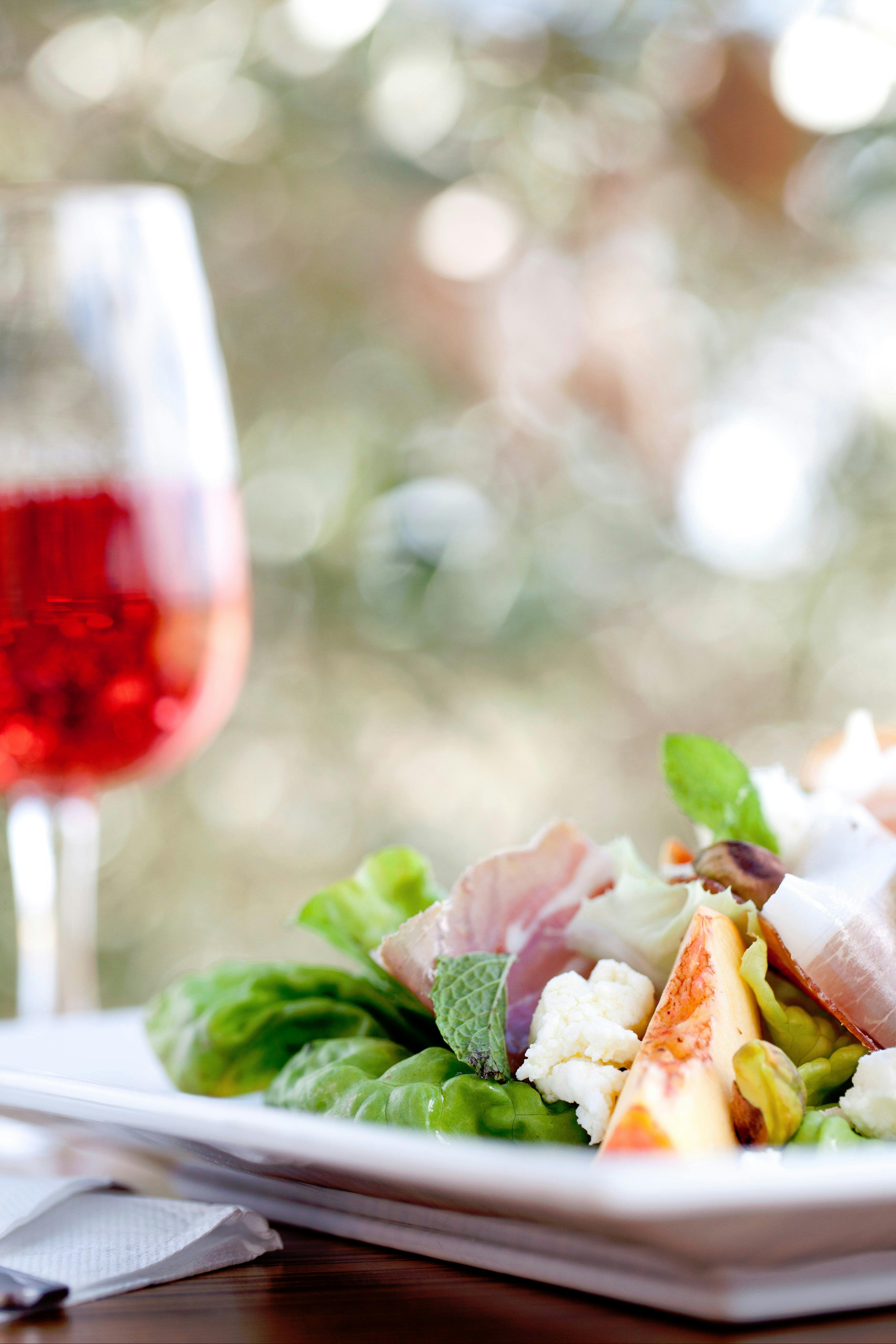 Rose with Proscuitto and Peach salad