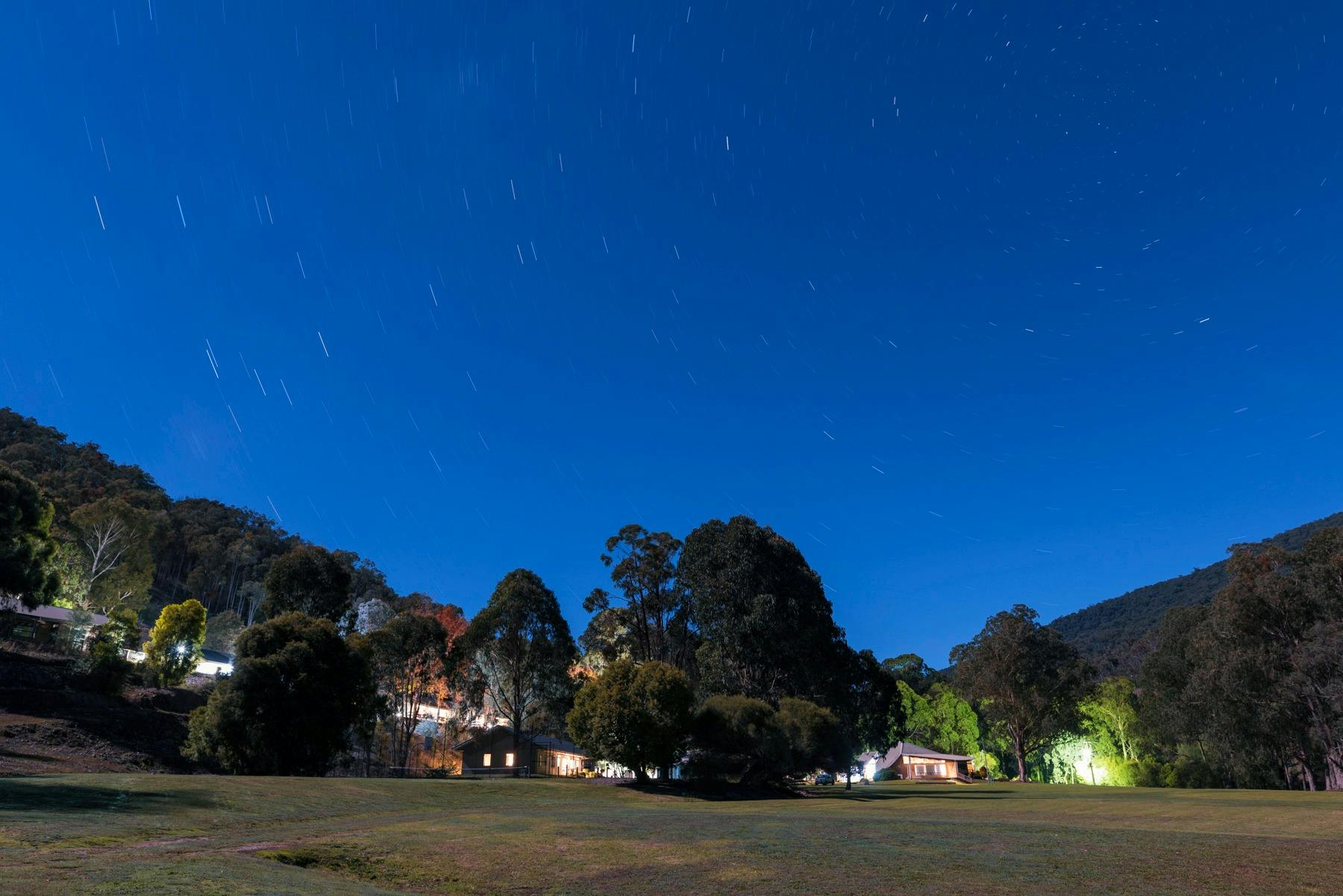 Night photo of the camp in lights
