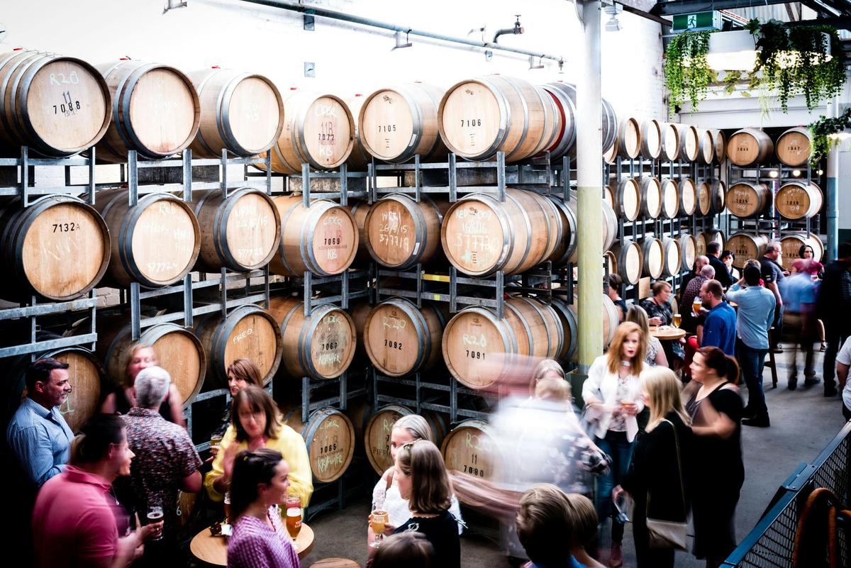 Amongst the barrels at White Rabbit Brewery