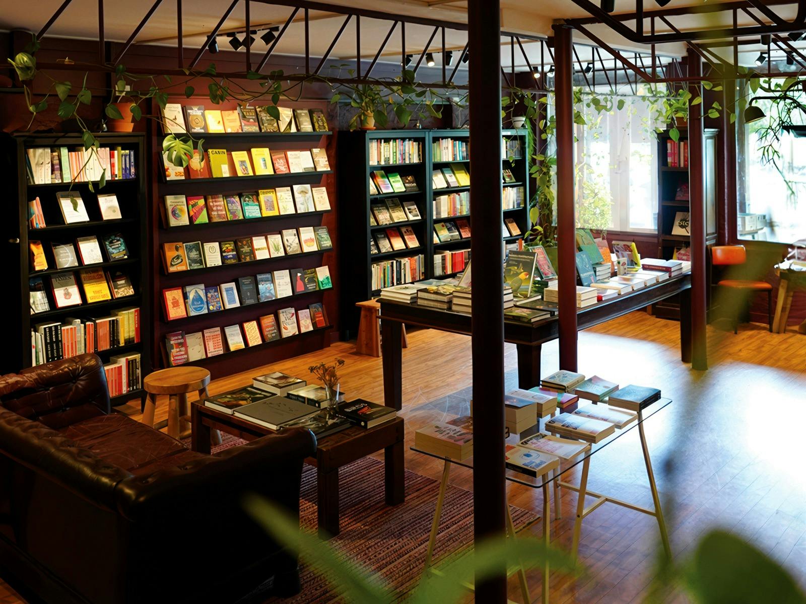 Interior of the shop showing the many shelves of books and table in the middle