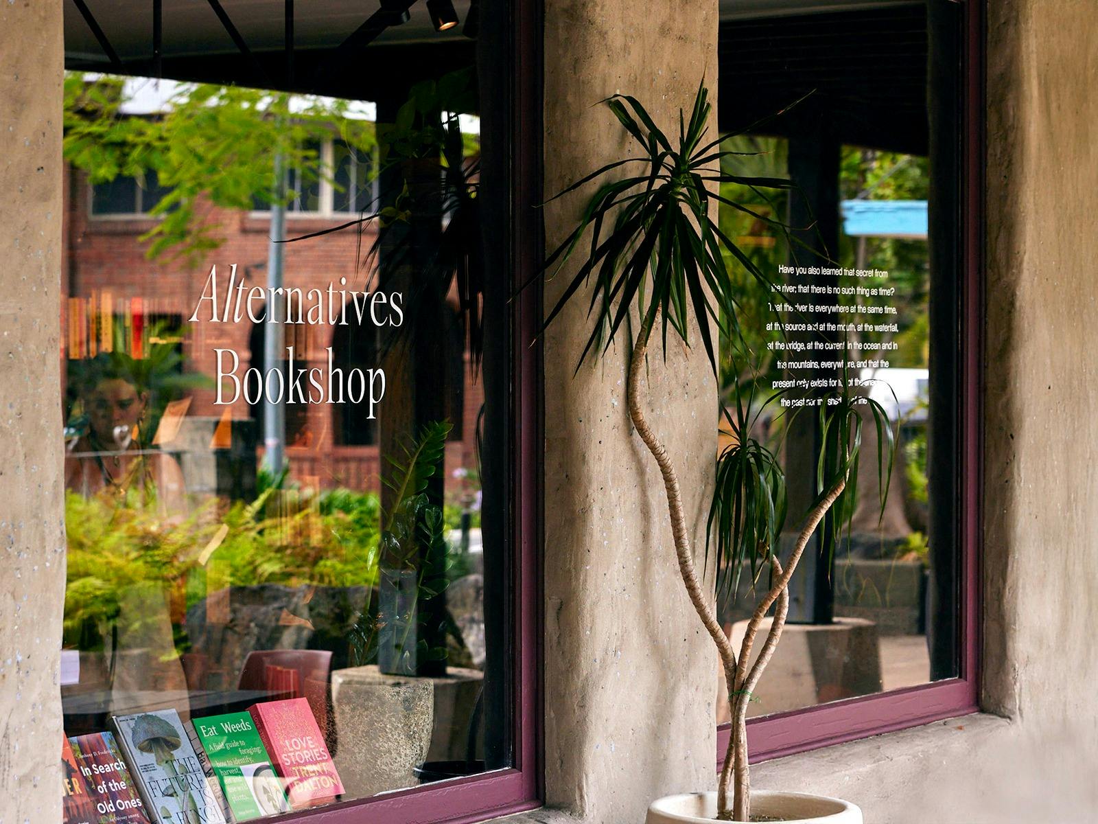 Looking at the shop from outside, window decals, plants, books