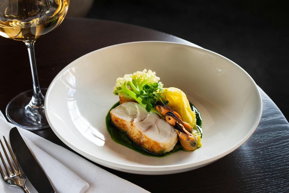 Murray cod with mussels and winter greens