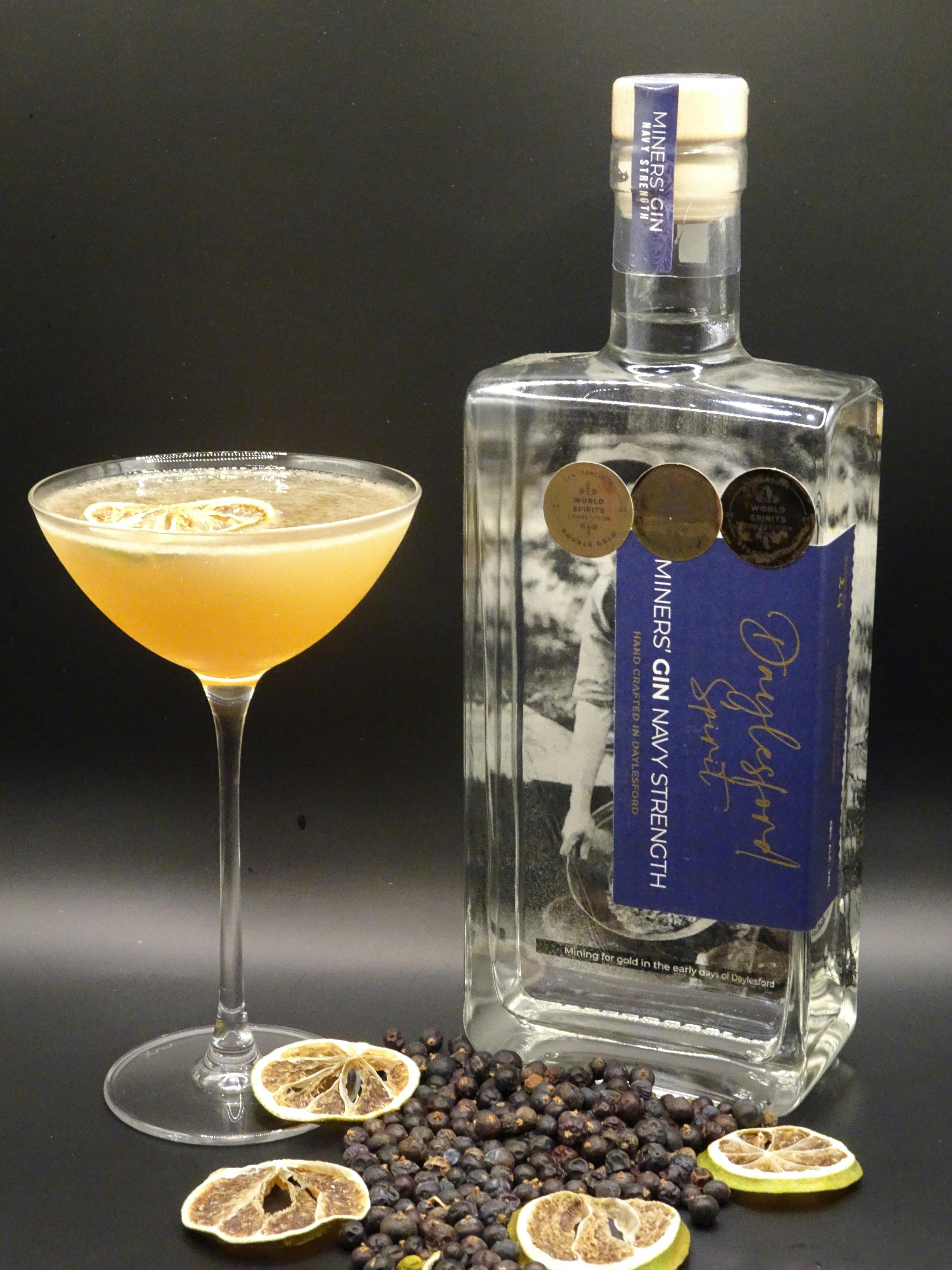 Daylesford Spirit Miners Gin with accompanying Gimlet cocktail