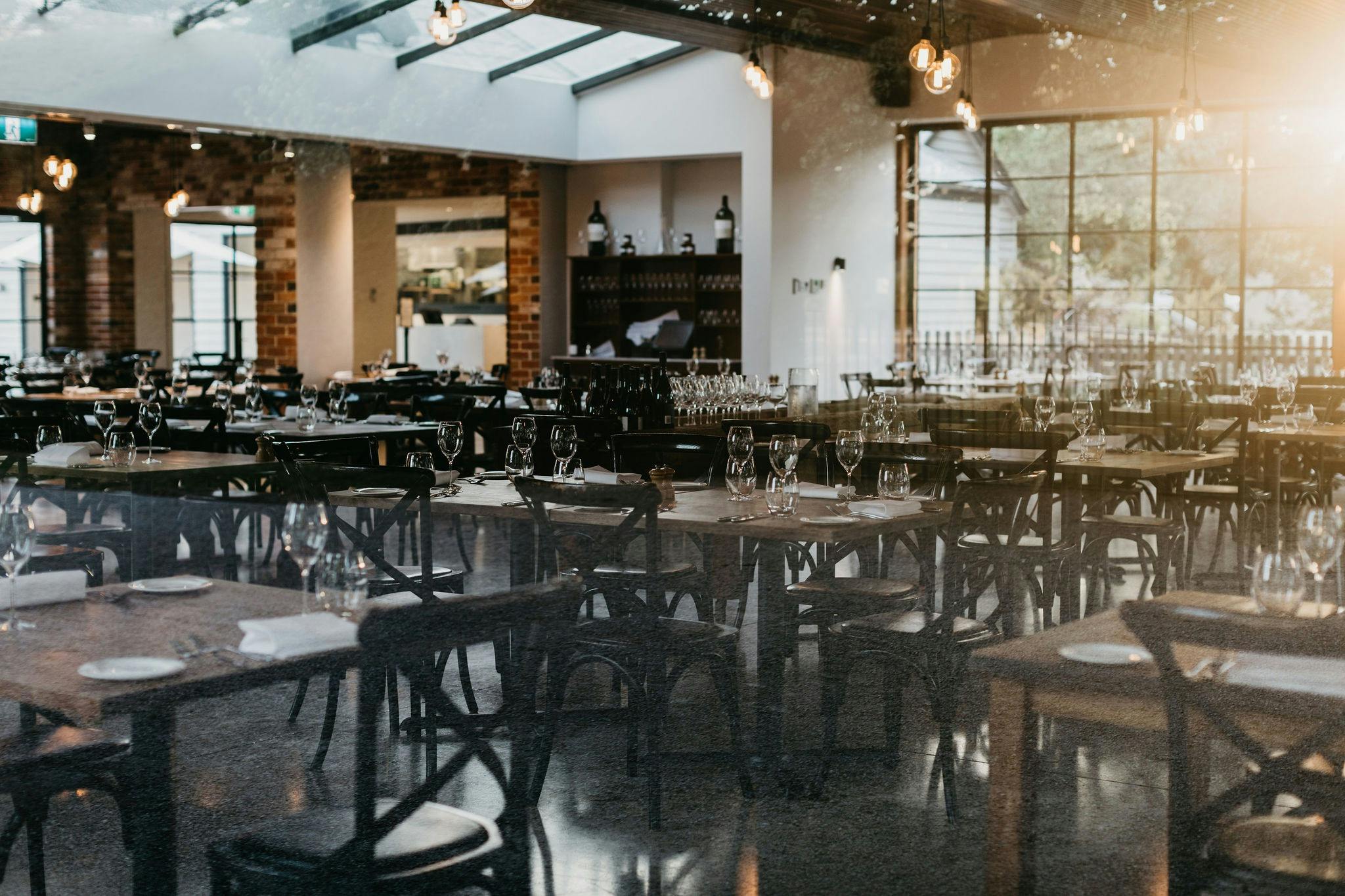 Inside the restaurant at dusk