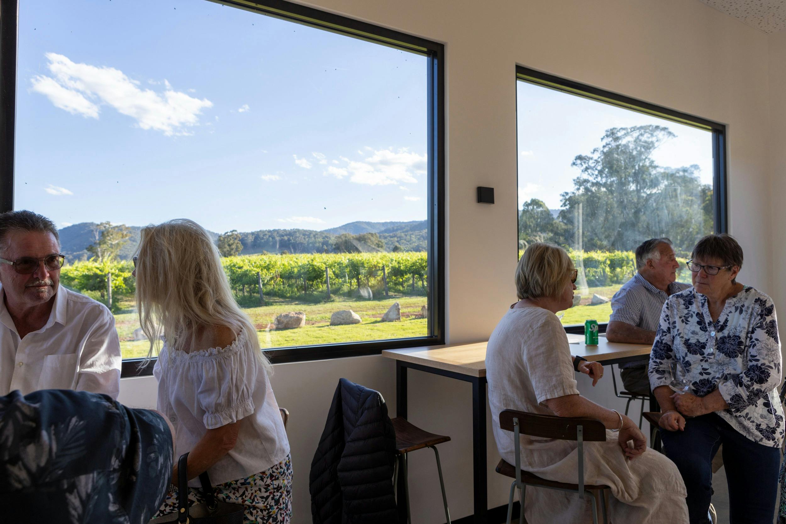 Guests sitting by the window enjoying the view of the vines and mountains.