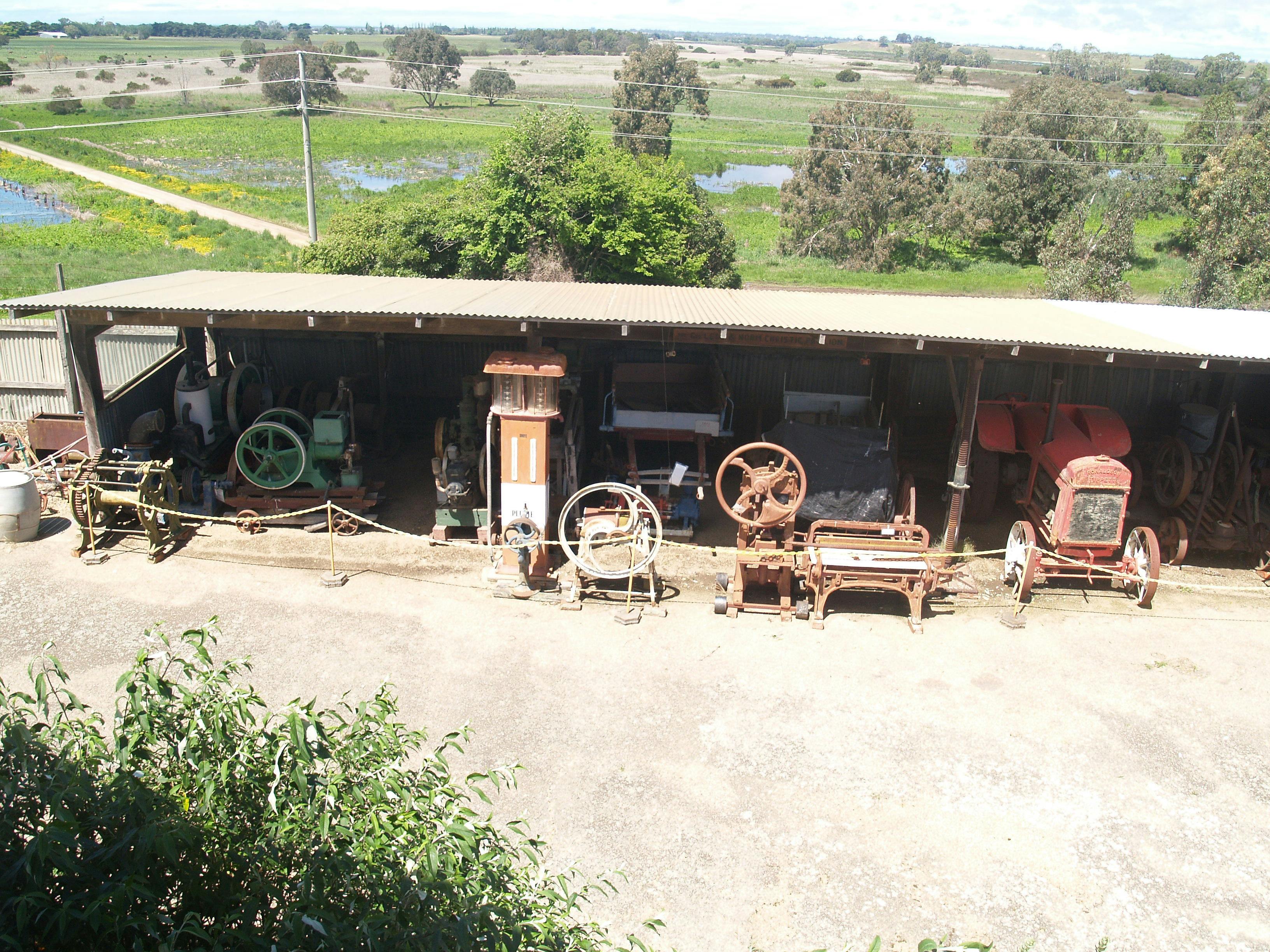 A partial view of the machinery pavilion with Eagle Point in the distance.