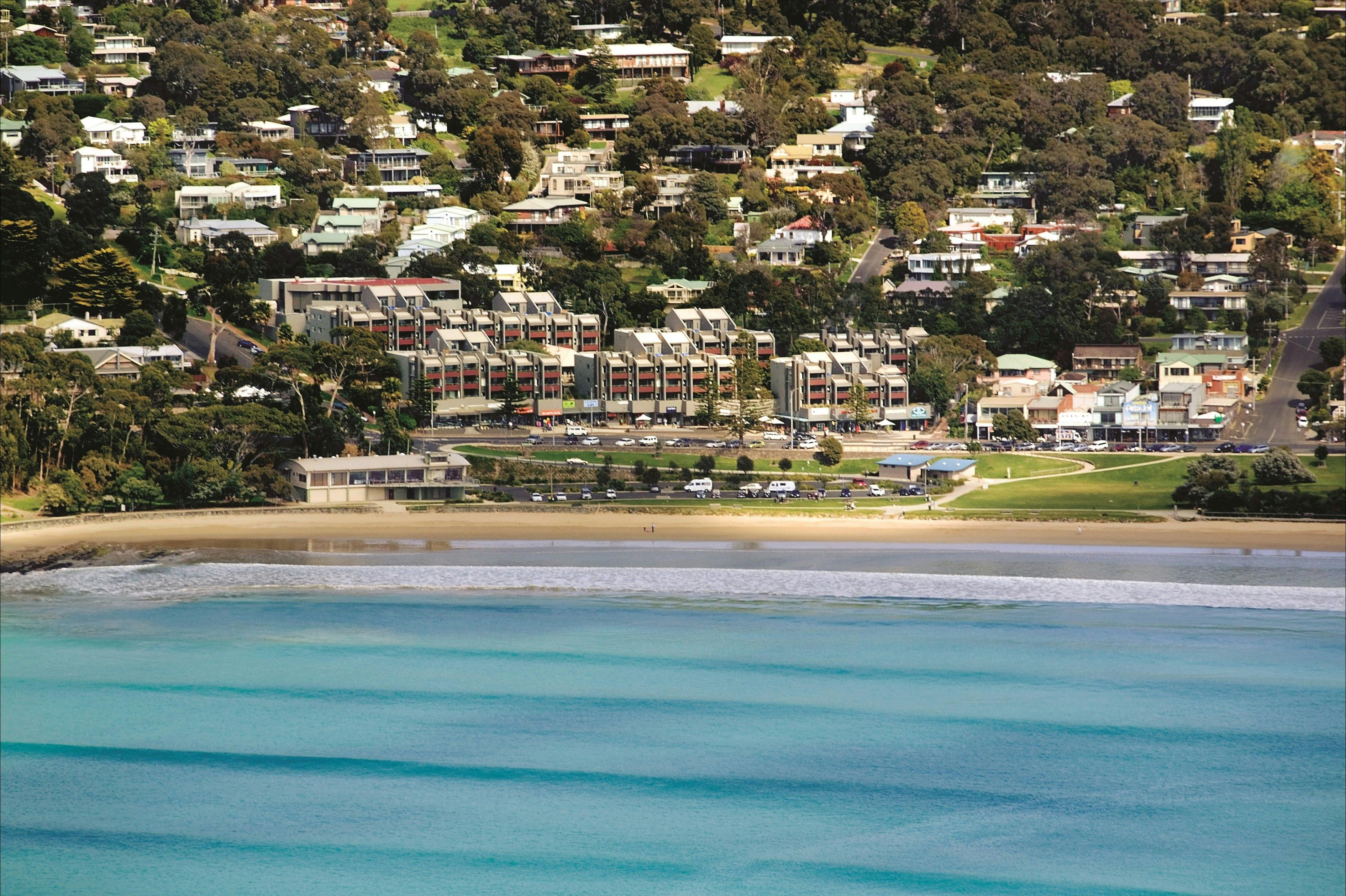Aerial view of beach with Cumberland in background.