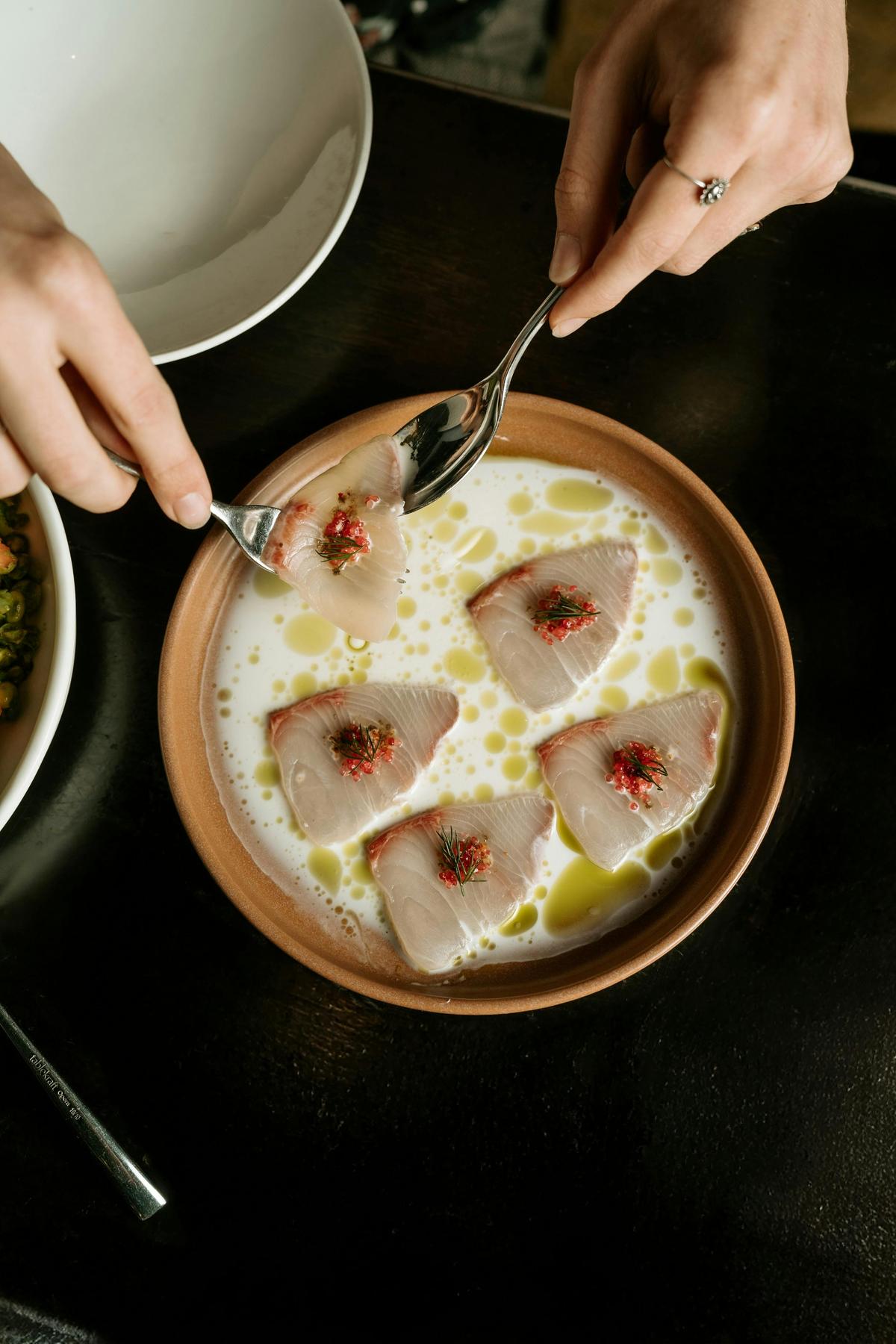 Hiramasa Kingfish, dashi buttermilk, fingerlime and dill oil