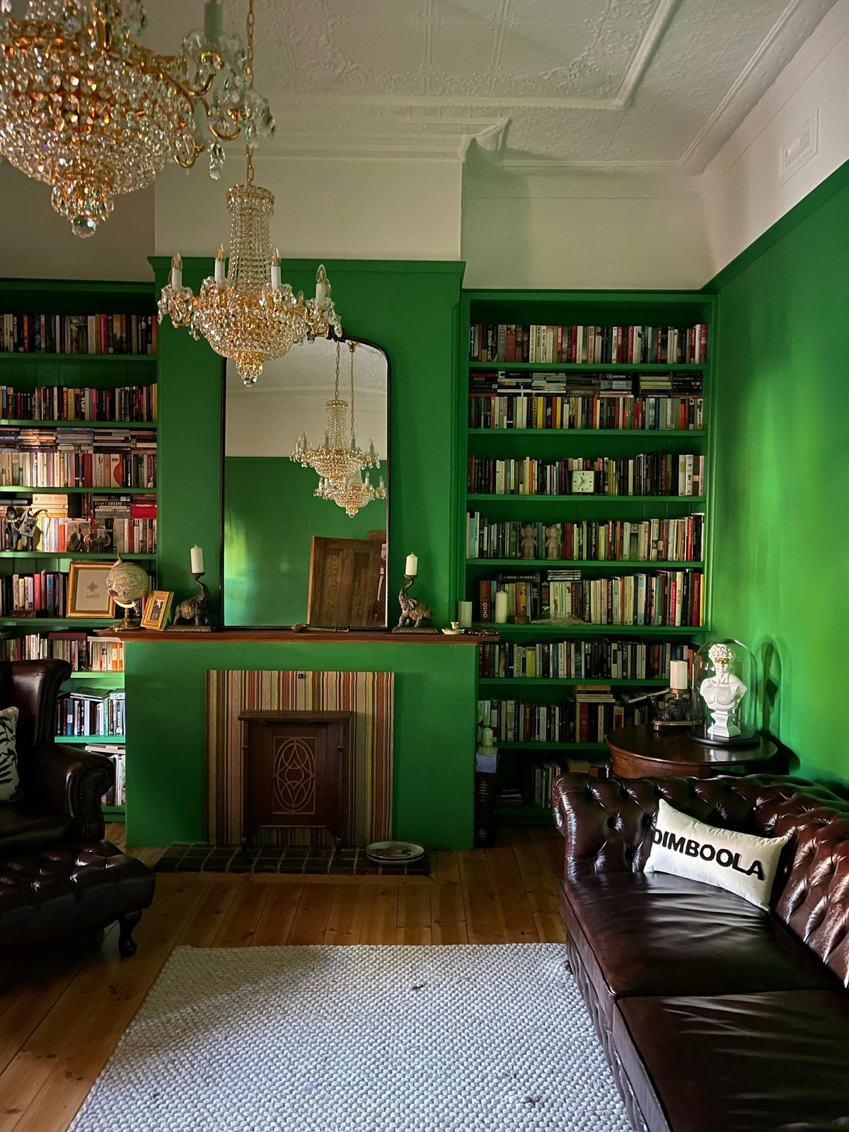 The morning light in the emerald library.