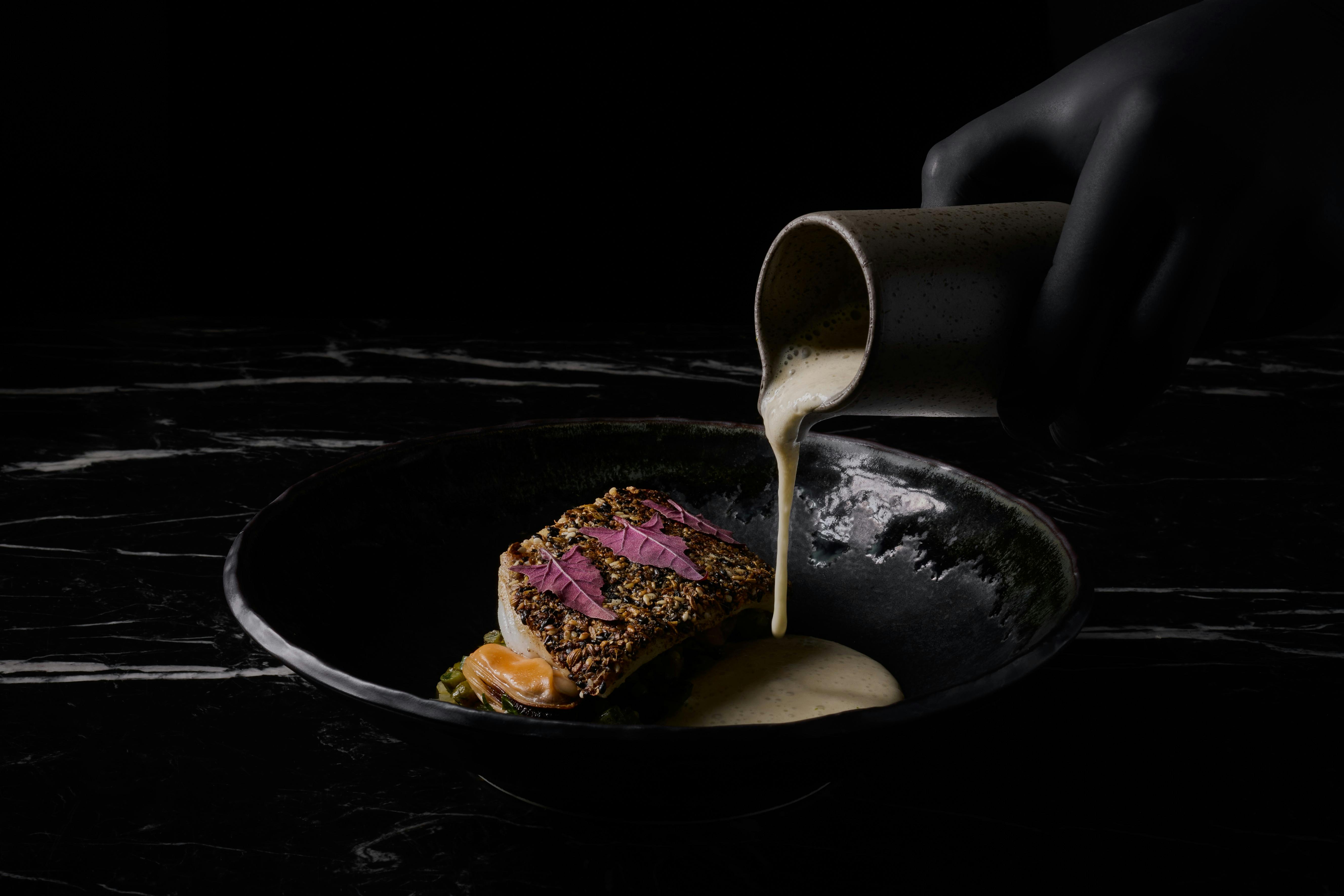 New summer 2025 dish - Seed crusted Blue Eye Cod, sanke bean gremolata, Peninusla mussels