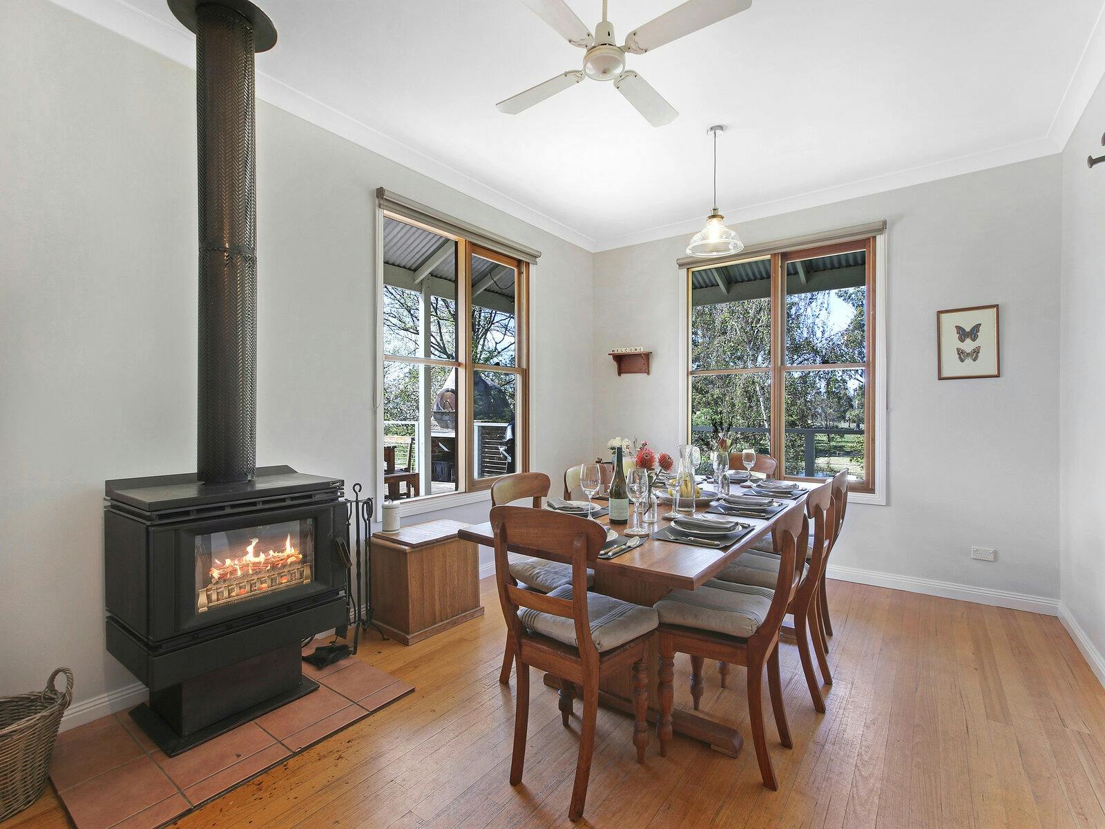 Open plan dining with log fire