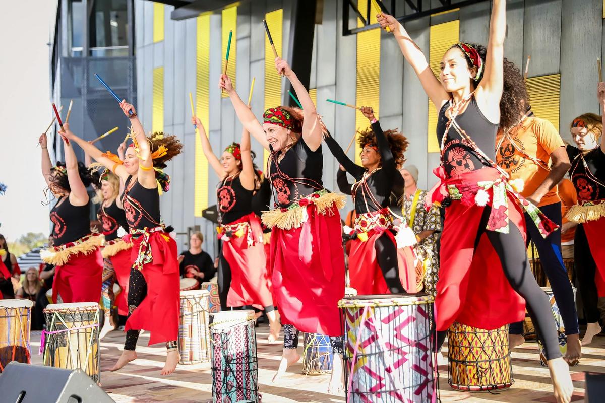 Performers on the Fed Square Main Stage for the annual Buddha's Day and Multicultural Festival.