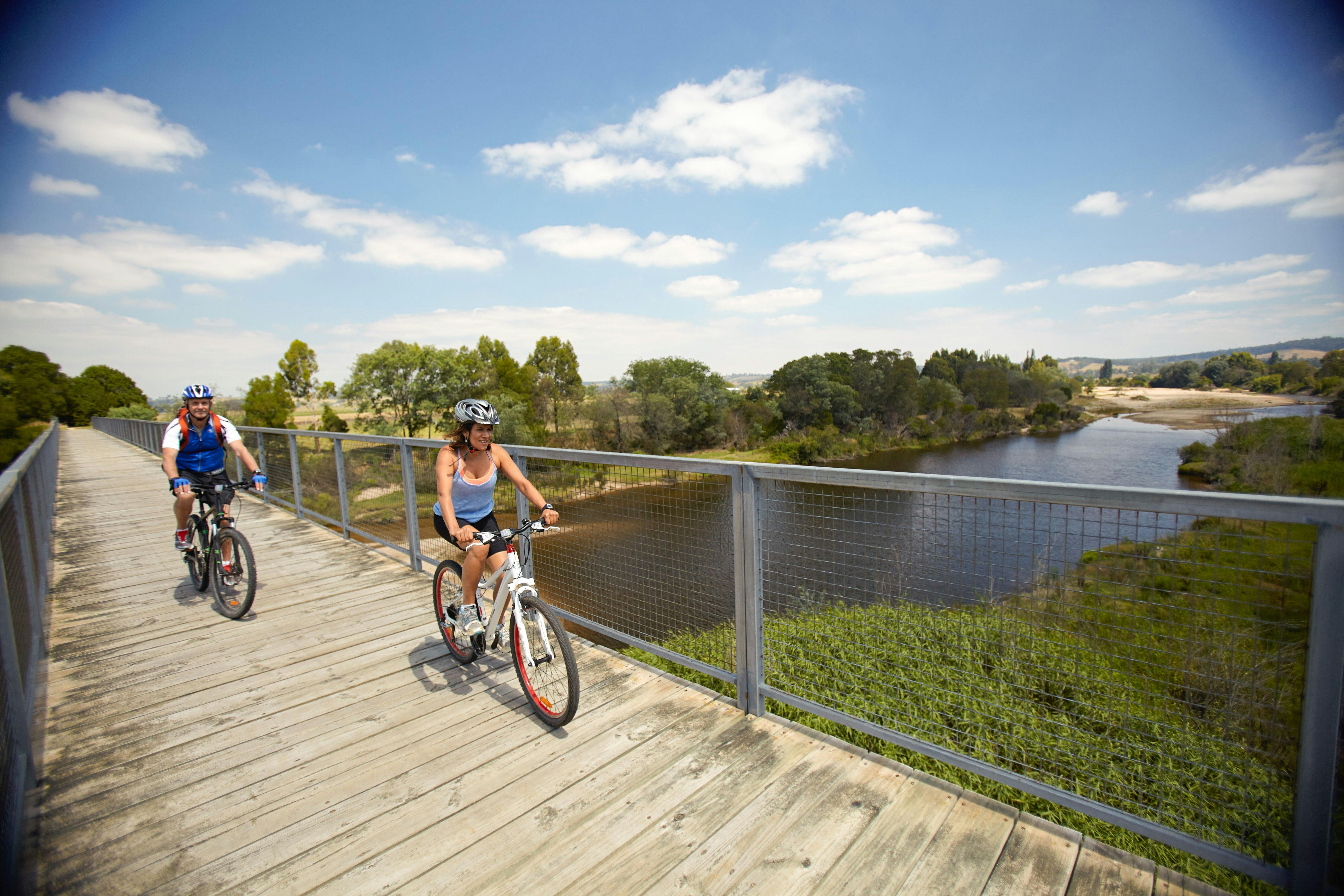 Cycling the East Gippsland Rail Trail near Bruthen, Gippsland, Victoria, Australia