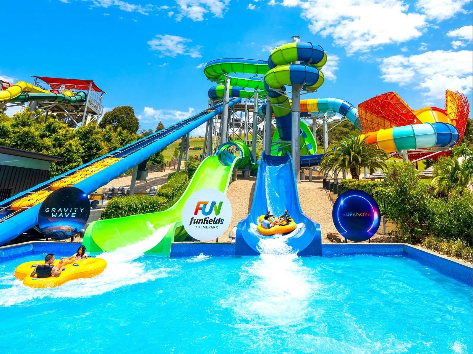 Two 9 storey high waterslides at Funfieldsl Supanova & Gravity Wave