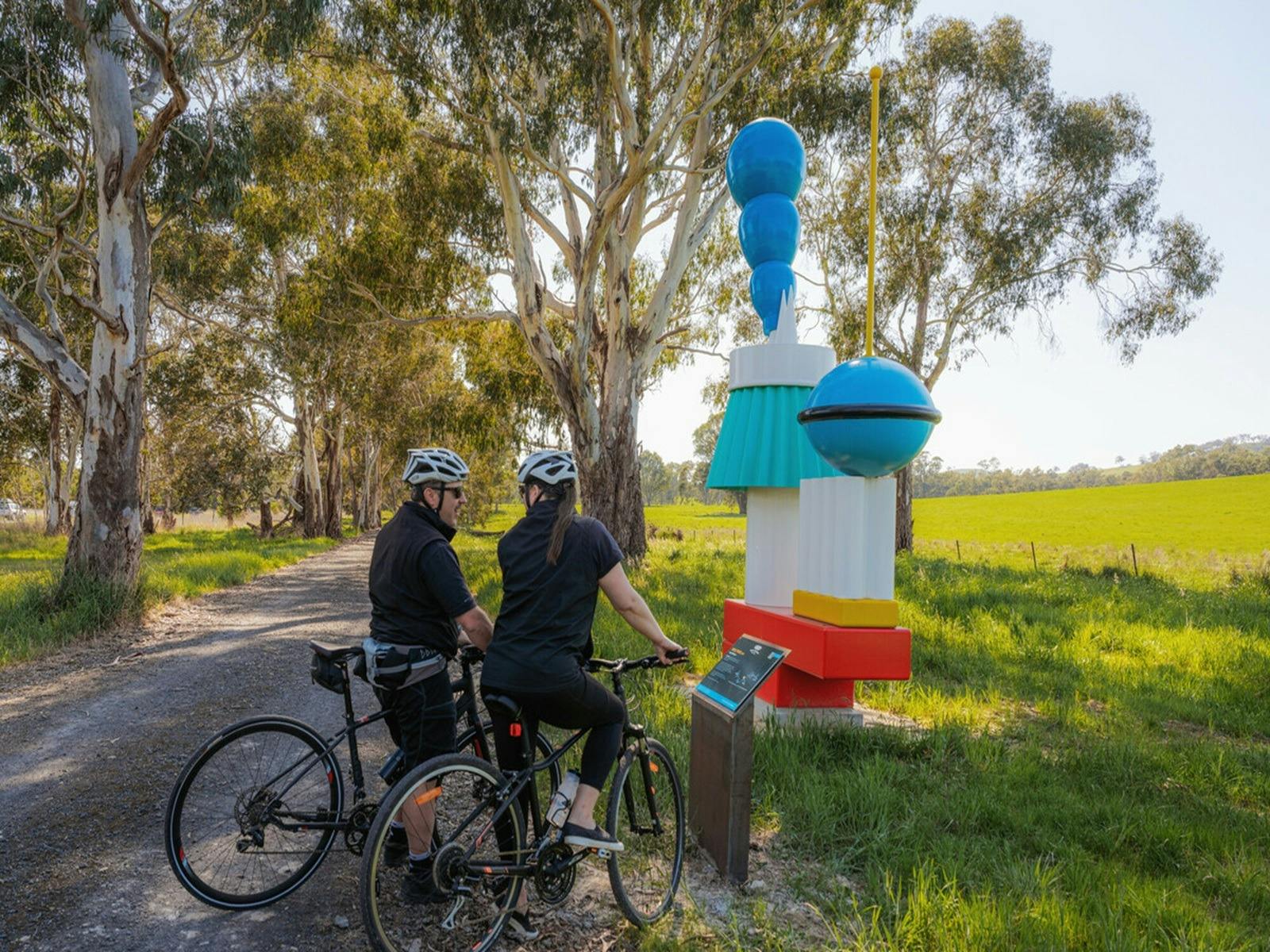 Two cyclists pause along the Great Victorian Rail Trail, where open skies, green landscapes, and pub