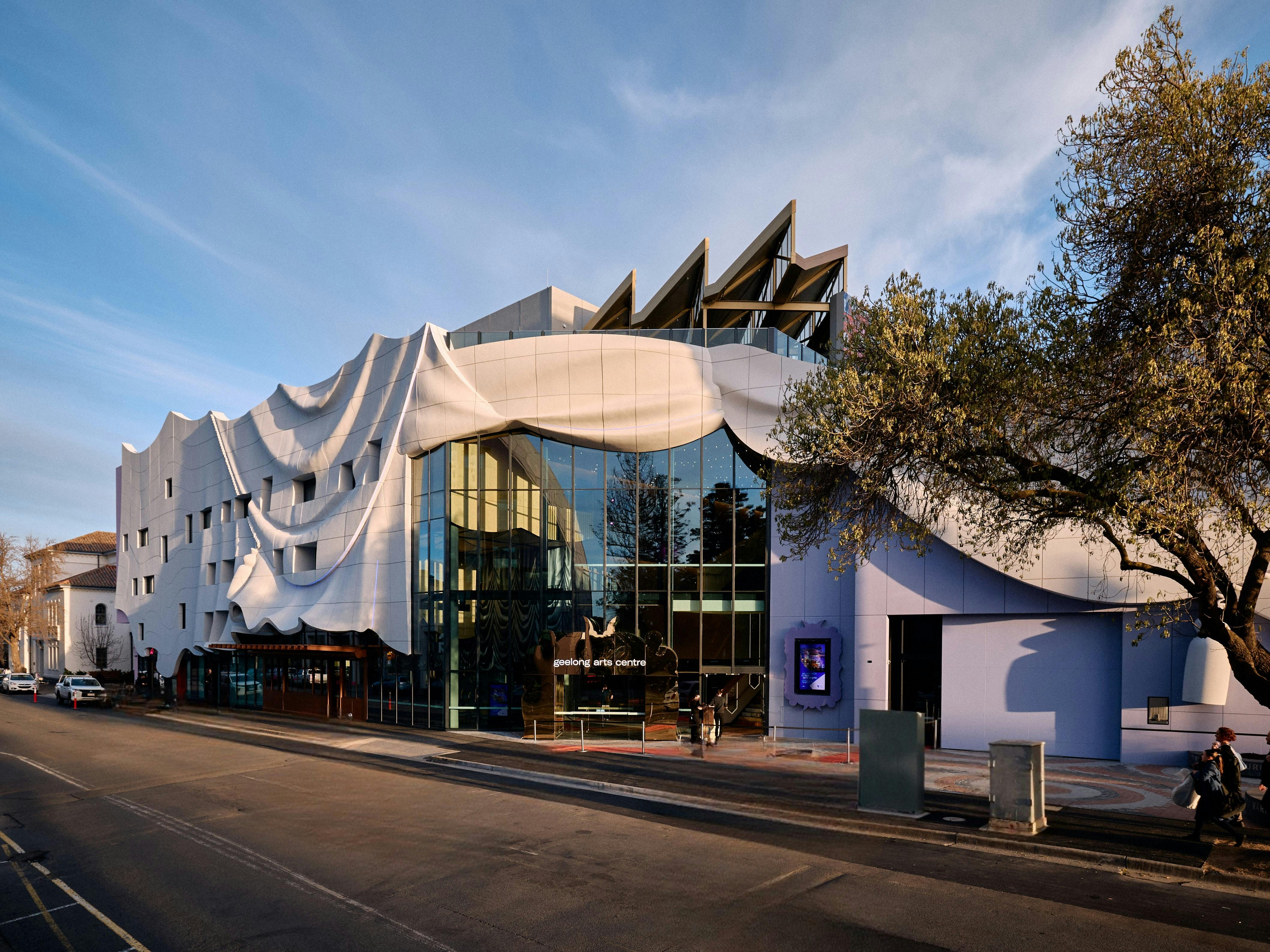 An exterior shot of  the Little Malop Street Redevelopment exterior view from Johnstone Park