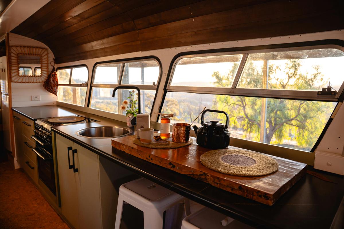 Breakfast bench with a view & the main area of the kitchen