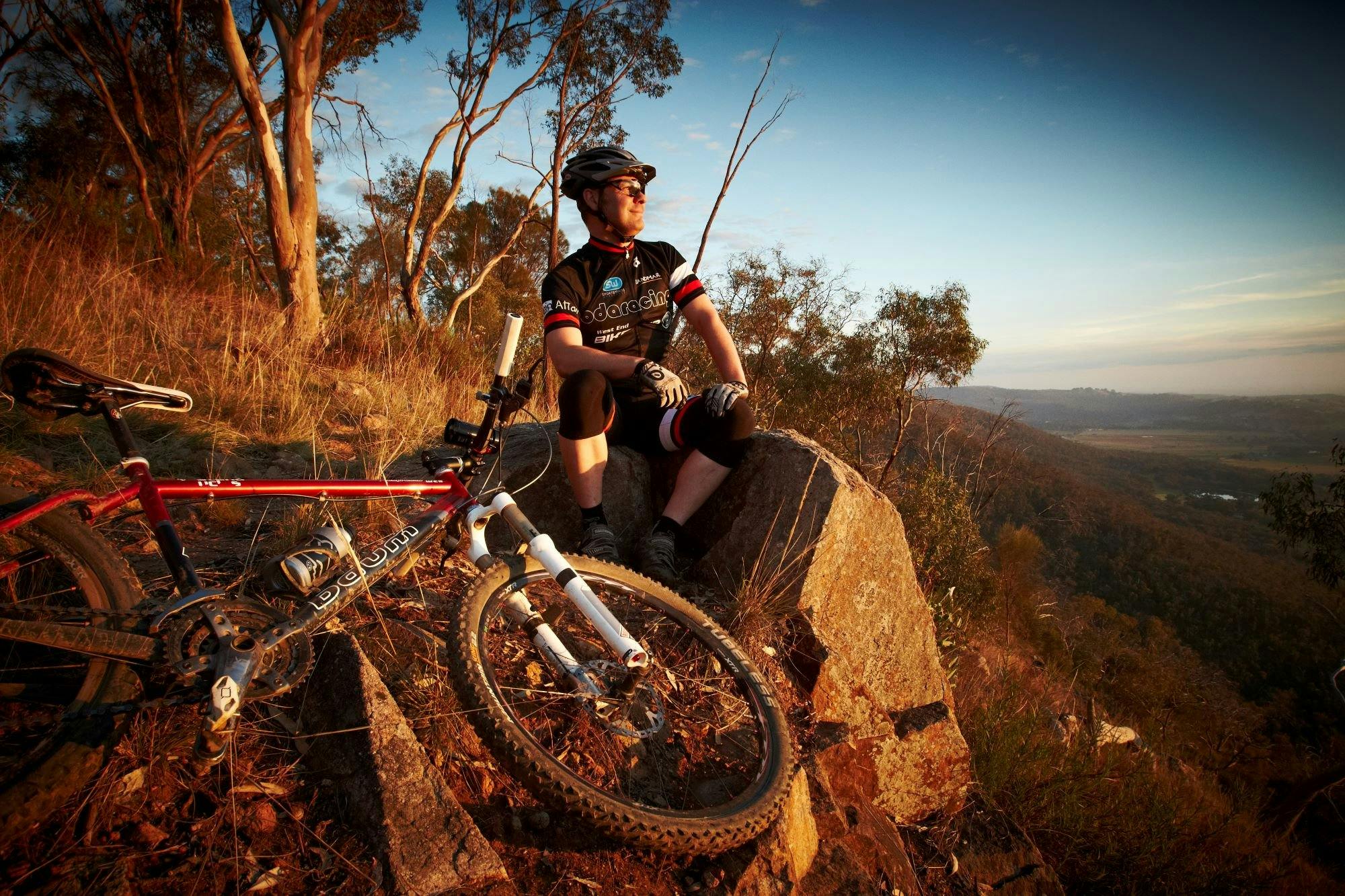 Mountain Bike rider taking a break Warby Ovens National Park