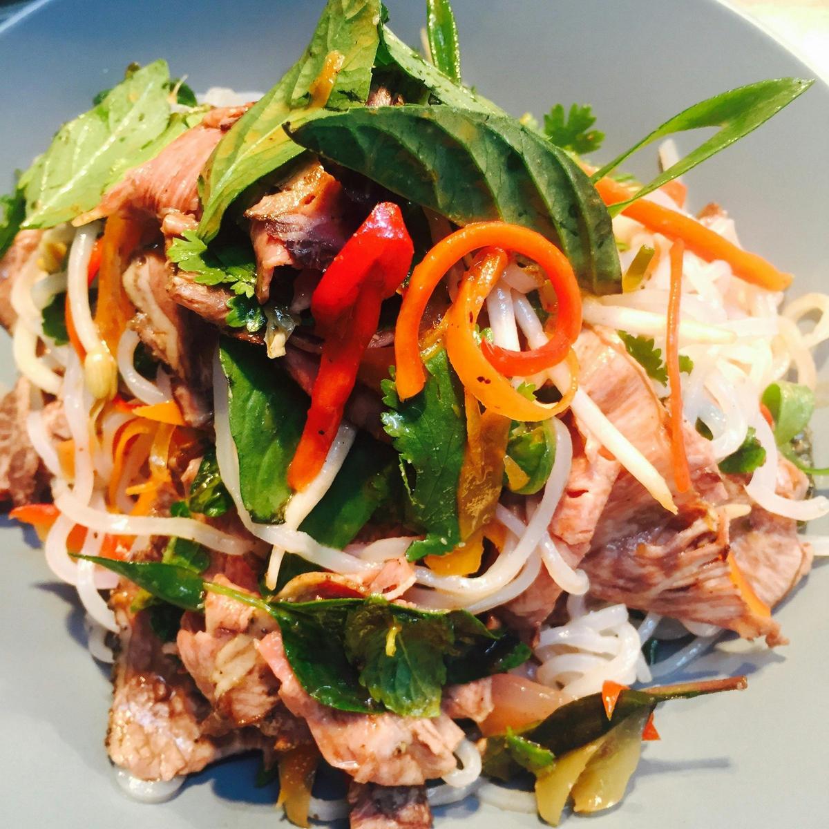 Our Thai Beef salad with loads of fresh herbs and glass noodles