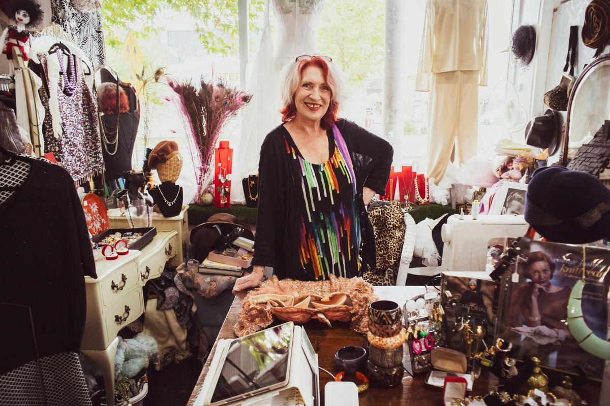 The Dressing Room Recycled owner Diane in her vintage shop in Main Road