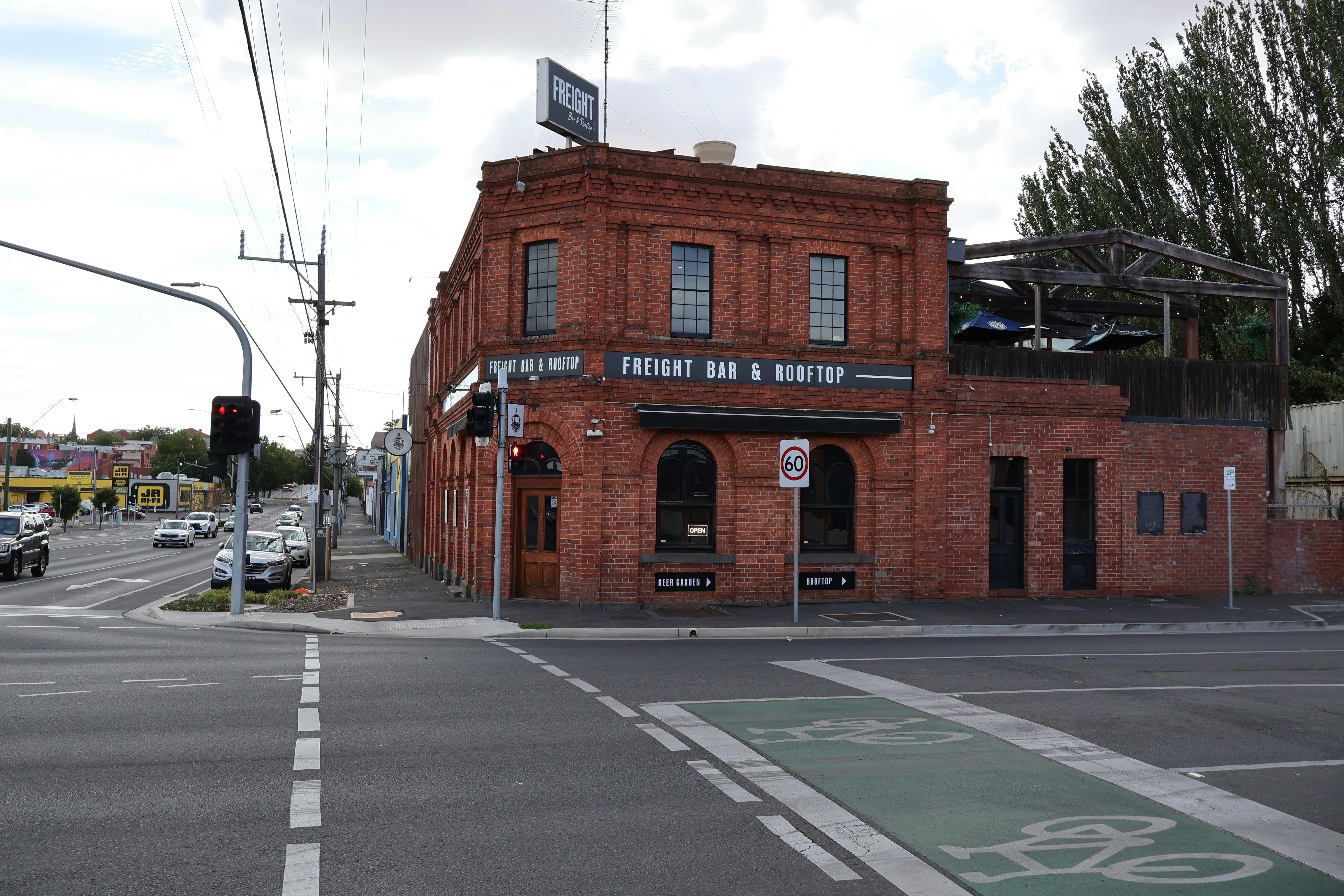 The red-brick façade of Freight Bar on Mair Street, Ballarat.