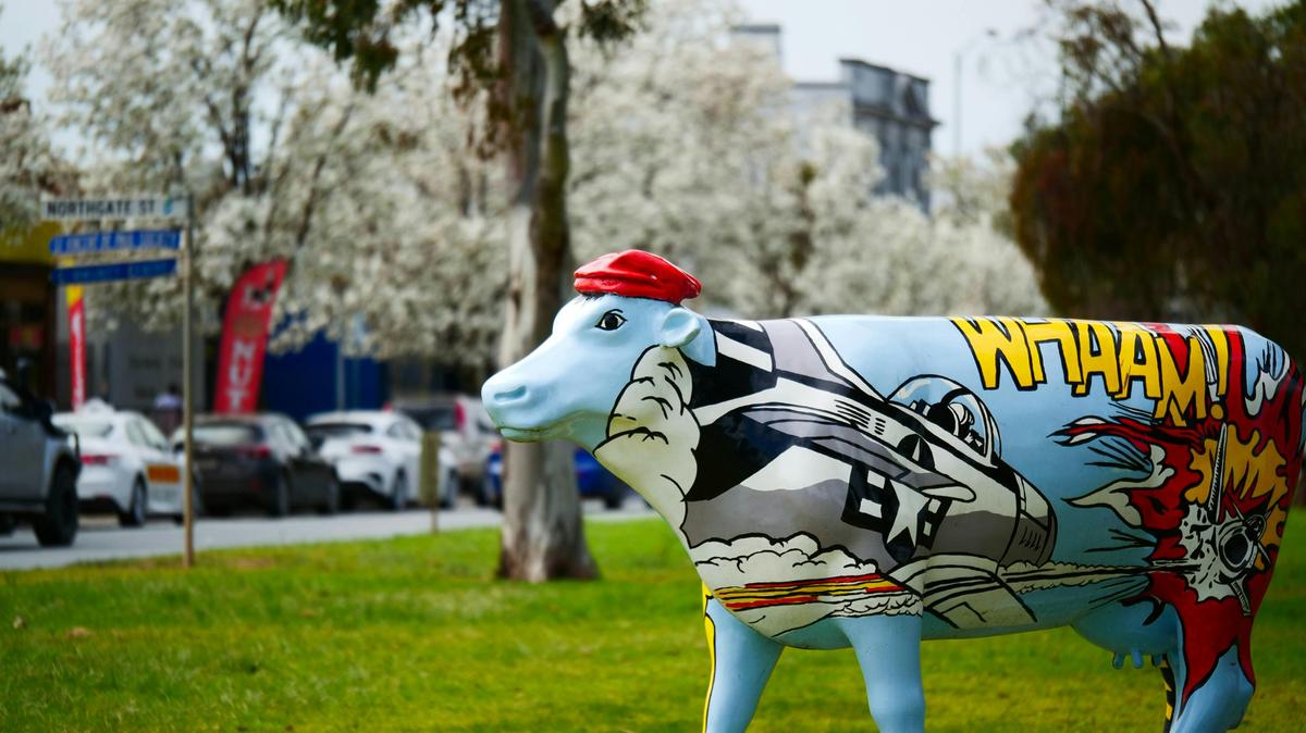 Moooving Art Cow Gary in McLennan Street Mooroopna with spring blossoms